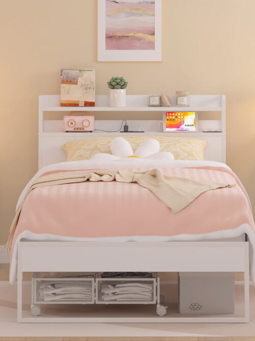 Yoneston Power Outlet Twin Metal Platform Bed Frame with 2-Tier Storage Charging Station Headboard for Kids Bedroom Furniture, White