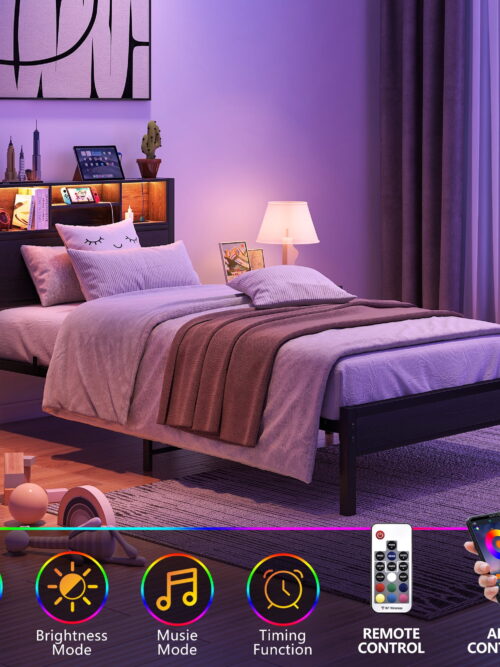 Yoneston Twin Size Bed Frame with Storage Headboard and LED Light, Metal Platform Bed with Charging Station & Bookcase Storage, Black