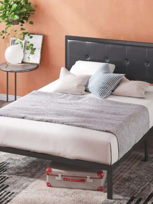 Zinus Cherie Faux Leather Classic Platform Bed with Support Slats, Queen