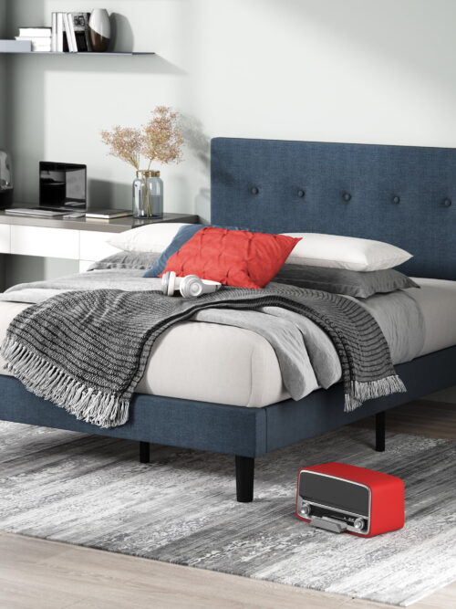 Zinus Omkaram 47" Upholstered Navy Platform Bed, Queen