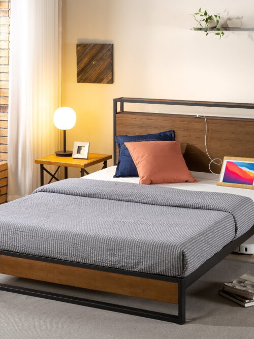 Zinus Suzanne 39" Bamboo and Metal Platform Bed Frame with Shelf and USB Ports, Adult, Queen