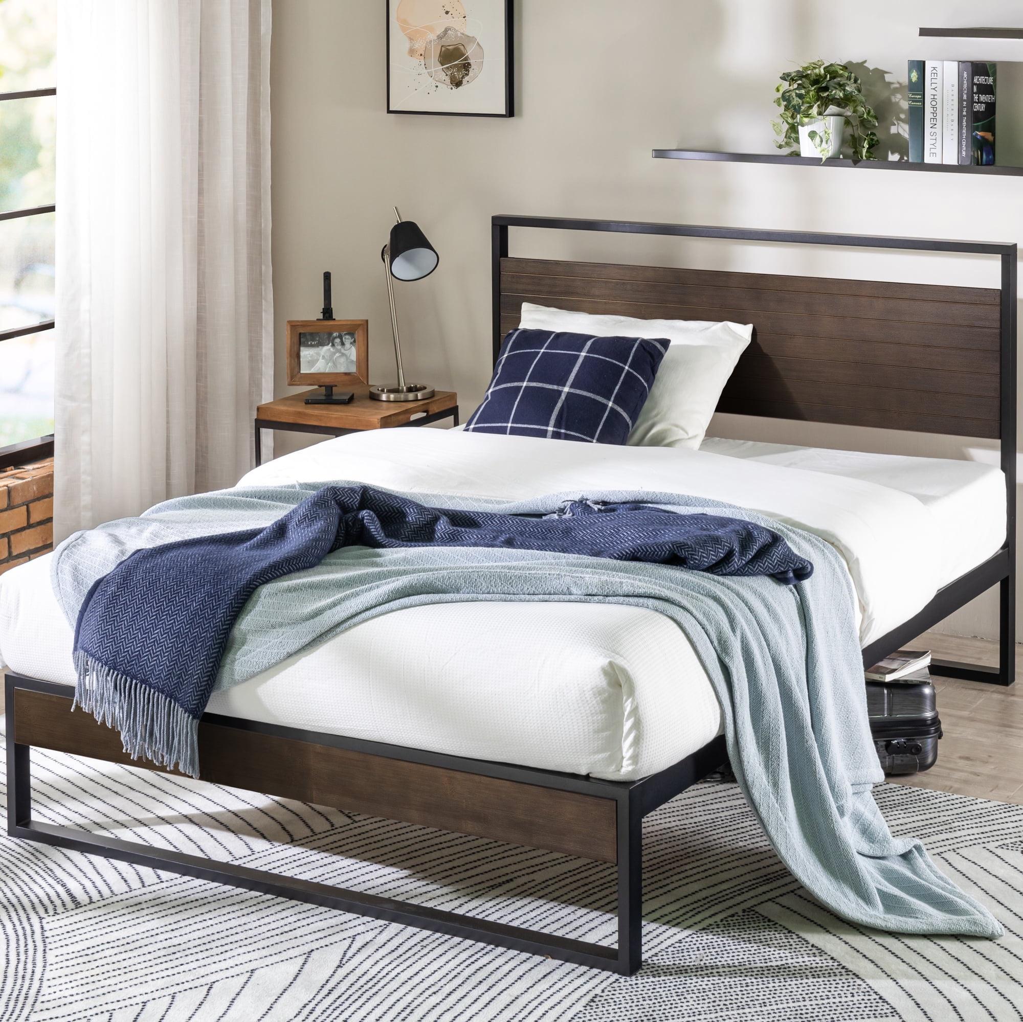 Zinus Suzanne 44" Bamboo and Metal Platform Bed Frame with Headboard, Grey Wash, King