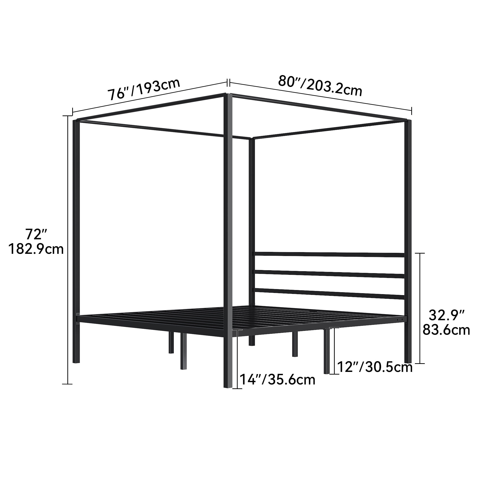 Dextrus King Size Metal Four Poster Canopy Bed Frame, Sturdy Platform with Built-in Headboard, Black - Image 3