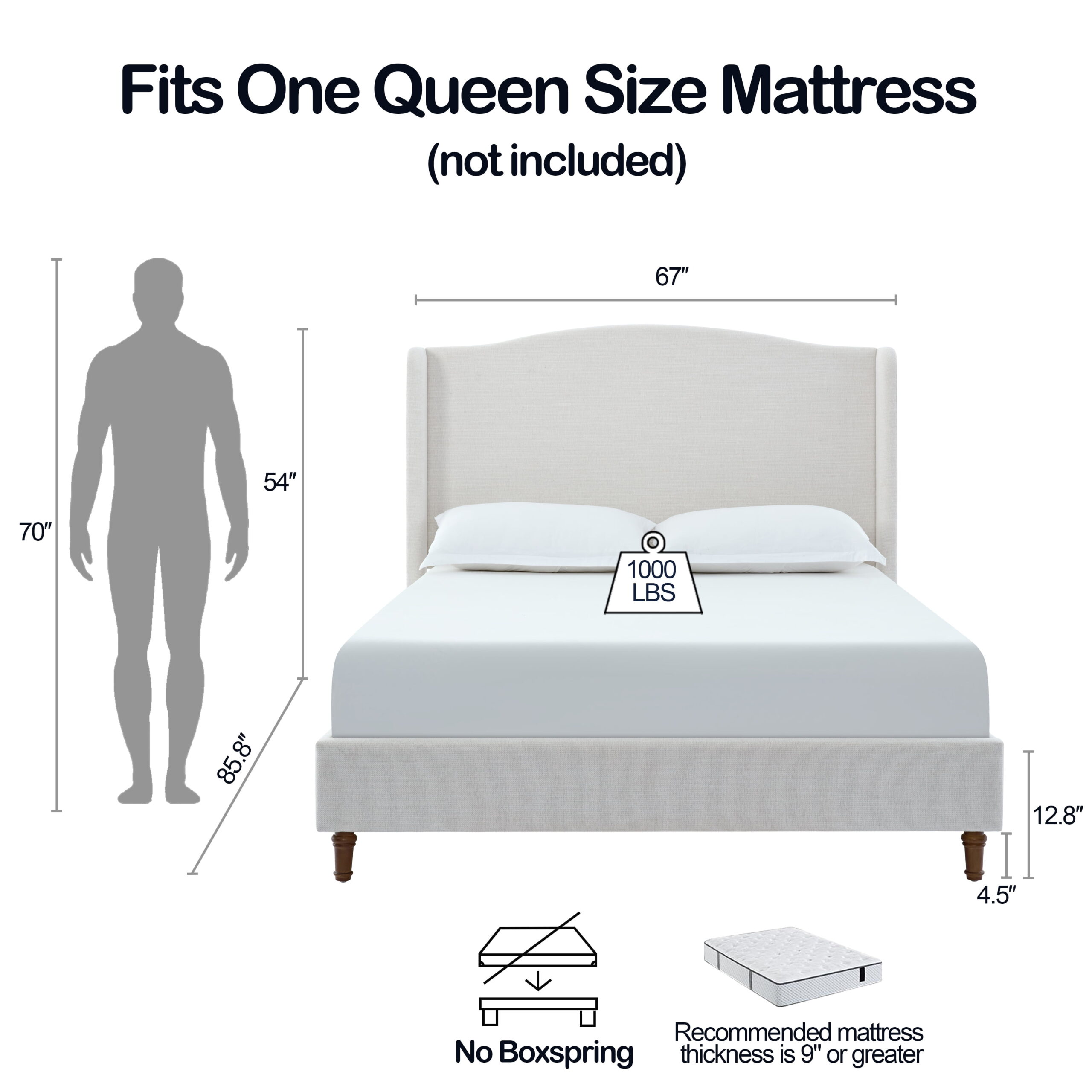 Miniyam 54" High Queen Size Upholstered Bed with Wingback Headboard for Adult, Ivory White - Image 7
