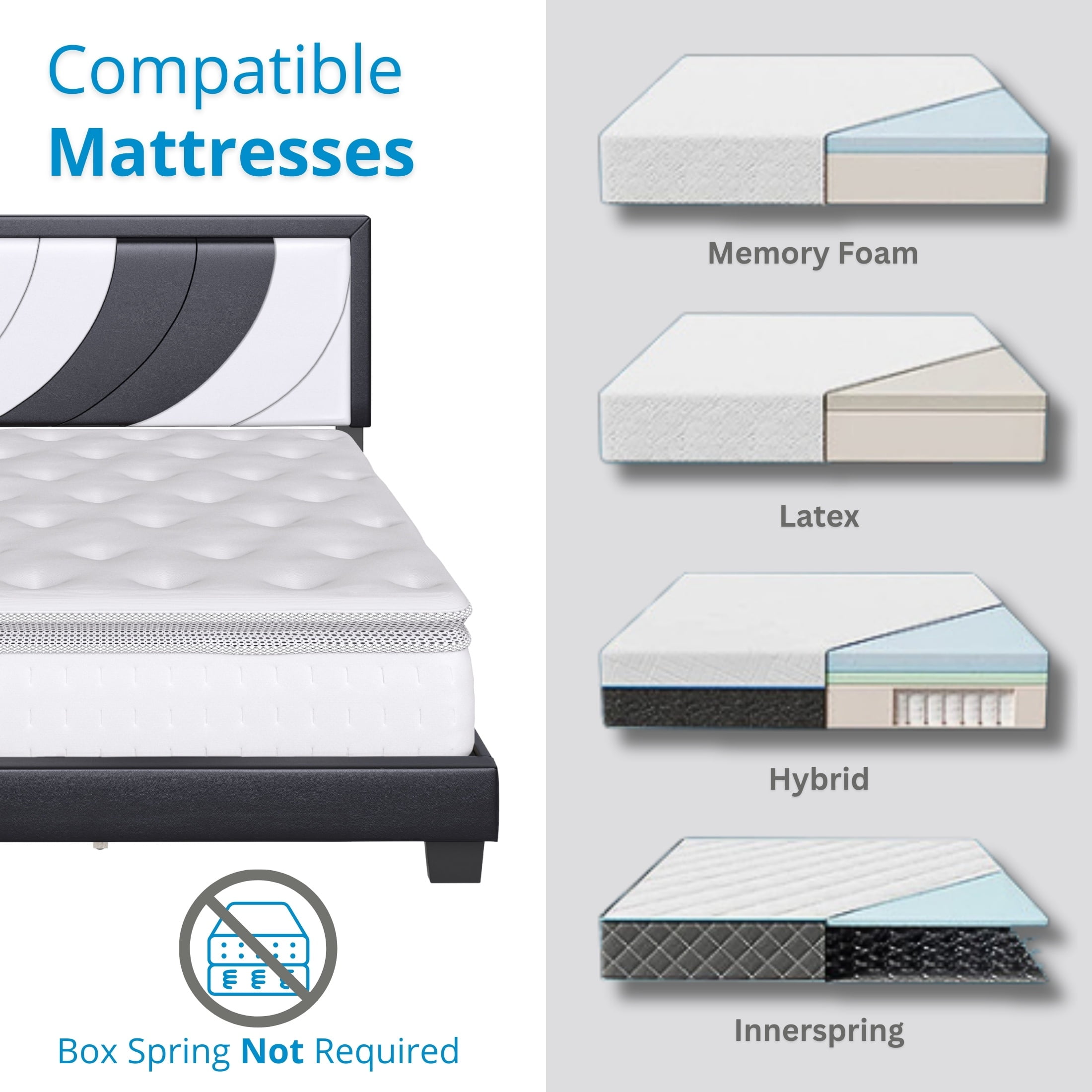 Boyd Sleep Bree White/Black Faux Leather Full Size Fully Upholstered Platform Bed Frame with Adjustable Headboard - Image 2