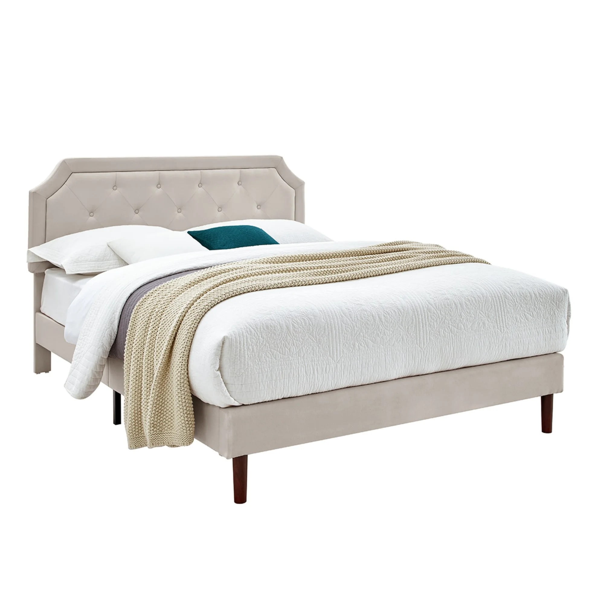 AENKYO Queen Upholstered Platform Bed Frame, Button Tufted Faux Linen Headboard, Wood Slat Support, Beige - Image 6