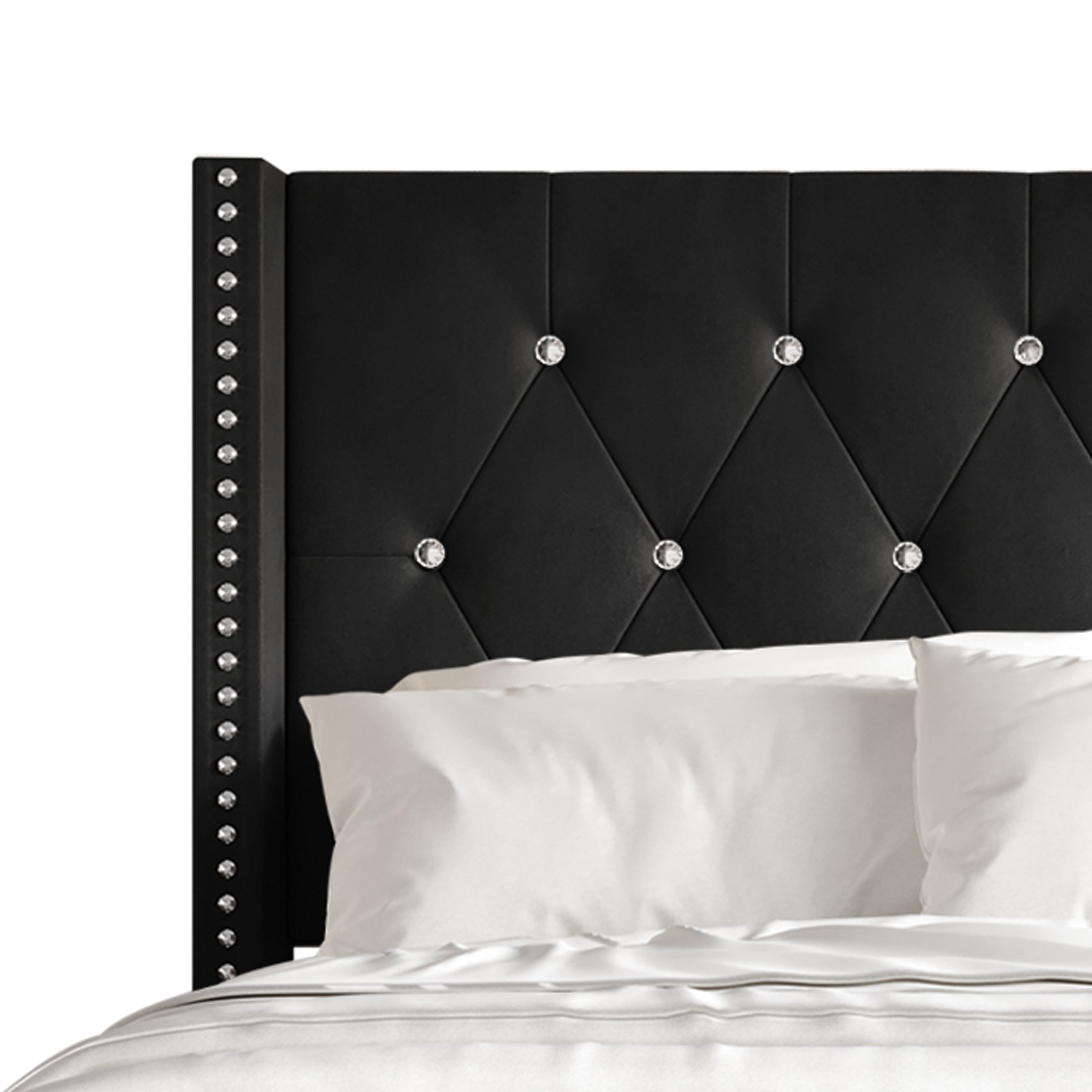 Castle Place Nailhead Trim Wingback Upholstered Bed, Black Velvet, Queen - Image 4