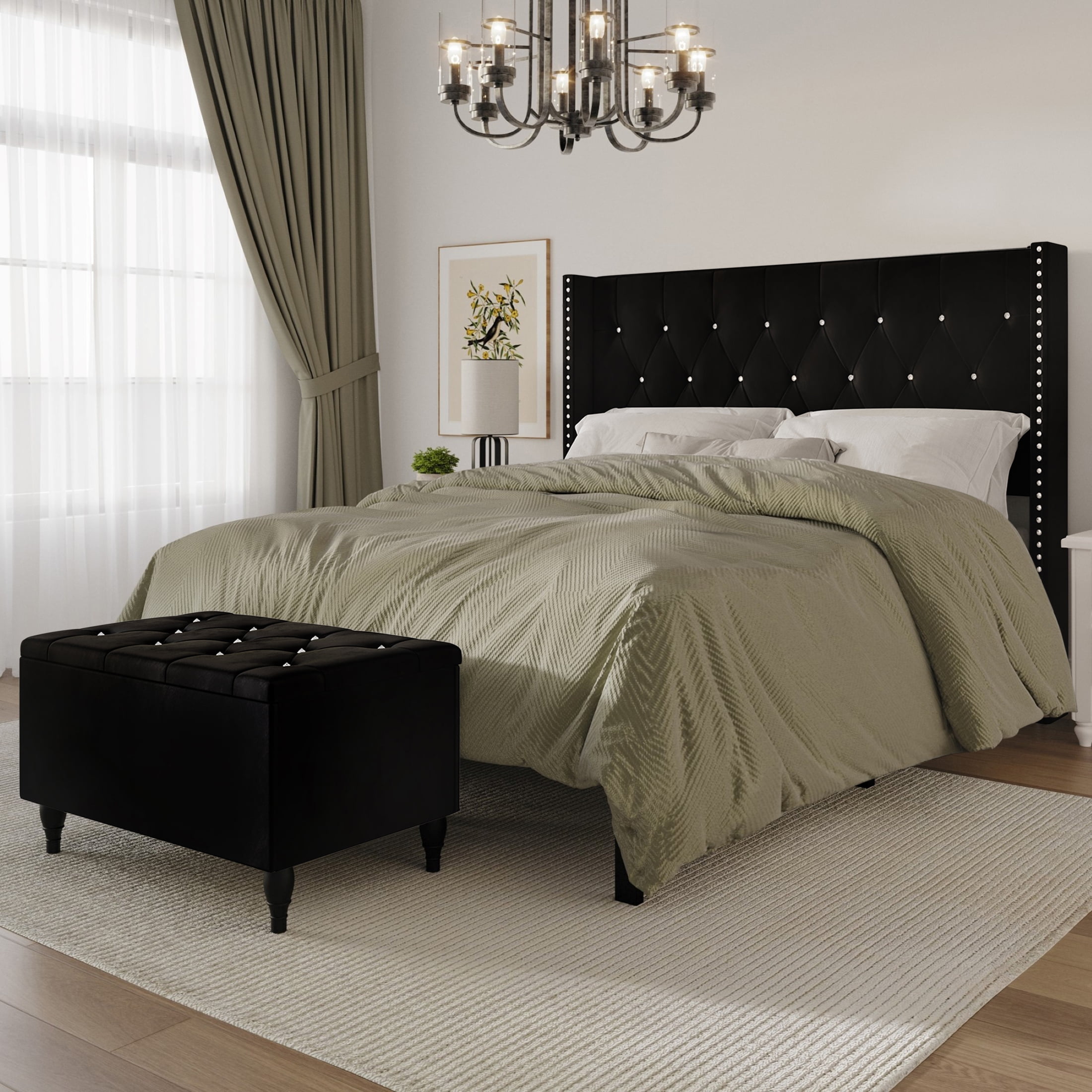 Castle Place Button Tufted Wingback Velvet Upholstered Bed with Storage Bench, Black, King - Image 2