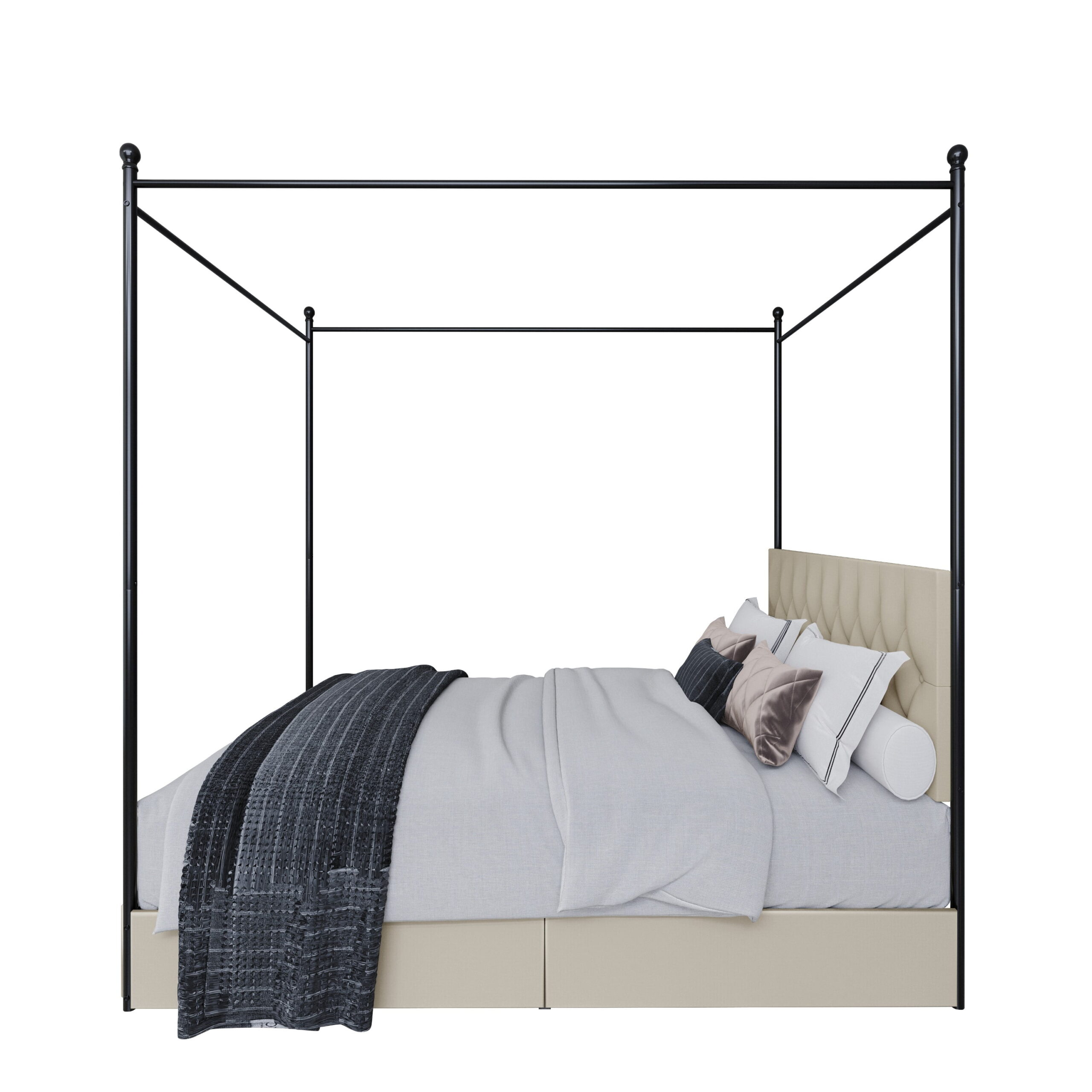 Home Design Harlan Queen Upholstered Metal Storage Canopy Bed Frame with Button-Tufted Headboard and Four Side Drawers, Beige, Easy Assembly - Image 5