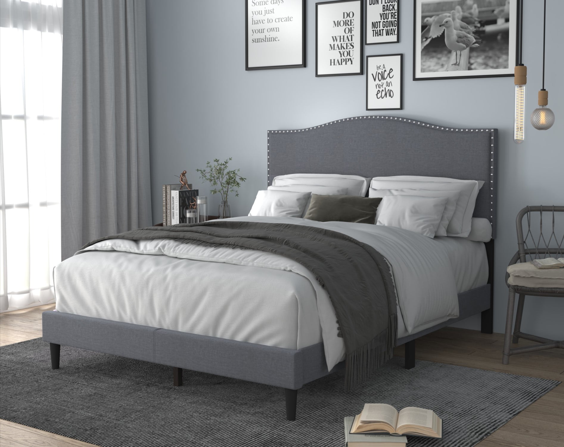 Home Design Manuel King Upholstered Platform Bed Frame with Nailhead Trim and Foam-Filled Headboard, Gray, Easy assembly - Image 2