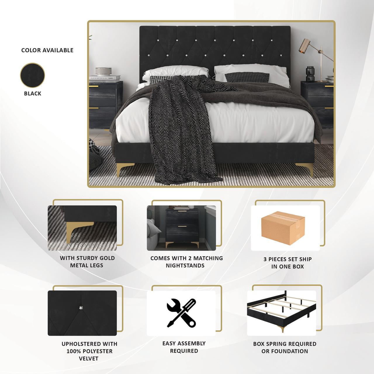 Castle Place Luxurious Crystal Velvet Upholstered Queen Bed With 2 Nightstands, Black - Image 7