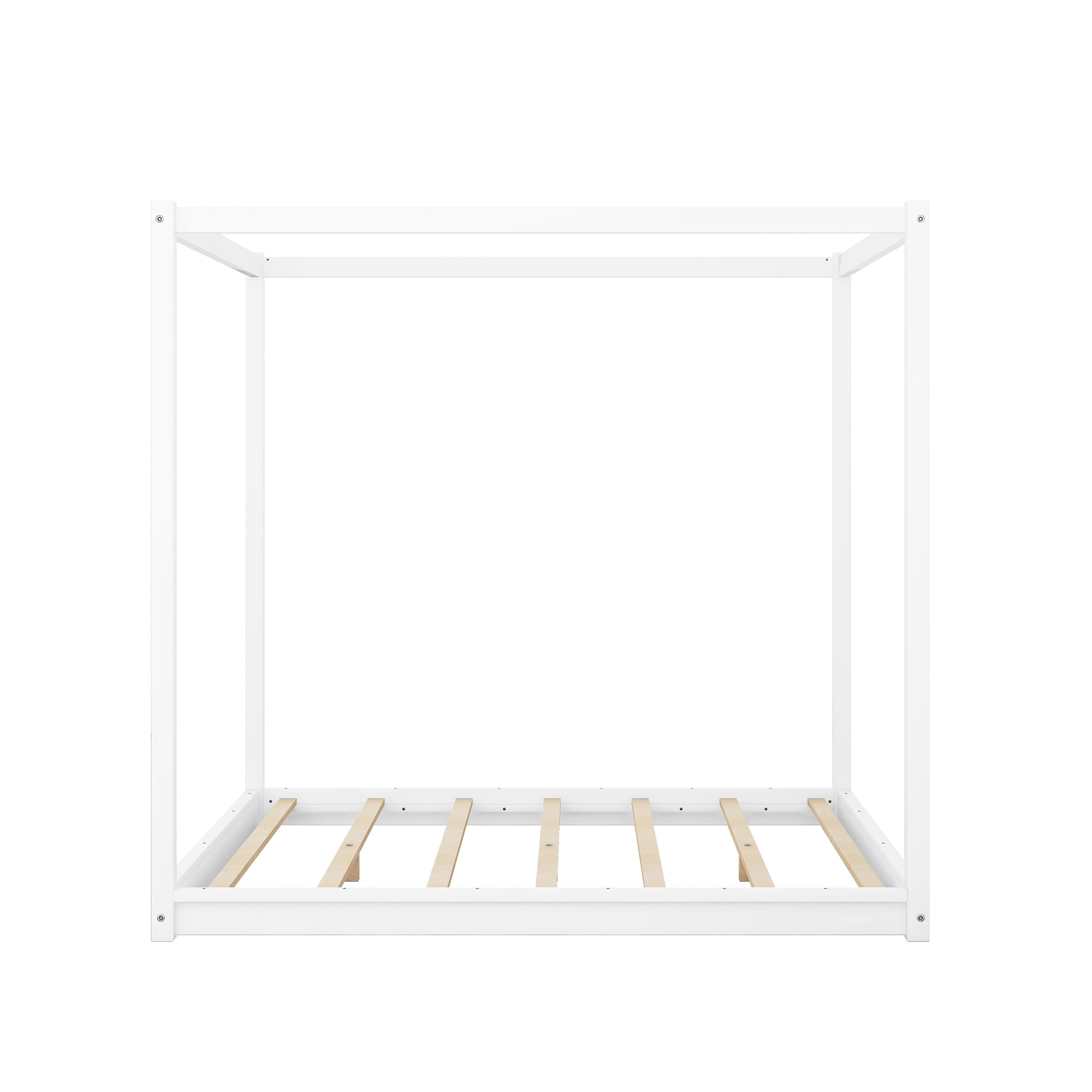 Euroco Pine Wood Queen Size Canopy Bed, Low Profile Platform Bed with Support Legs for Adults, White - Image 5
