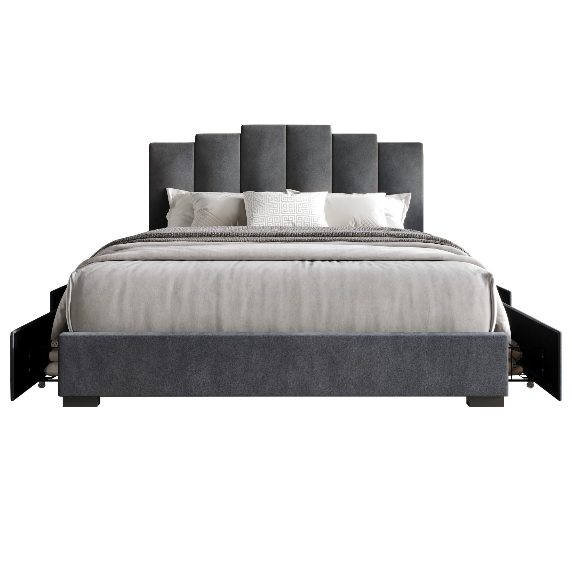 Home Design Yuma King Upholstered Storage Platform Bed Frame with Stepped Headboard Design and Four Under-Drawers, Dark Gray, Easy Assembly - Image 3