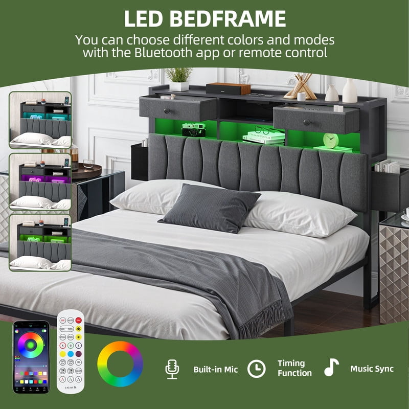 Uforic Full Upholstered Bed Frame with Charging Station, LED Platform Bed with Storage Drawers, Gray - Image 4