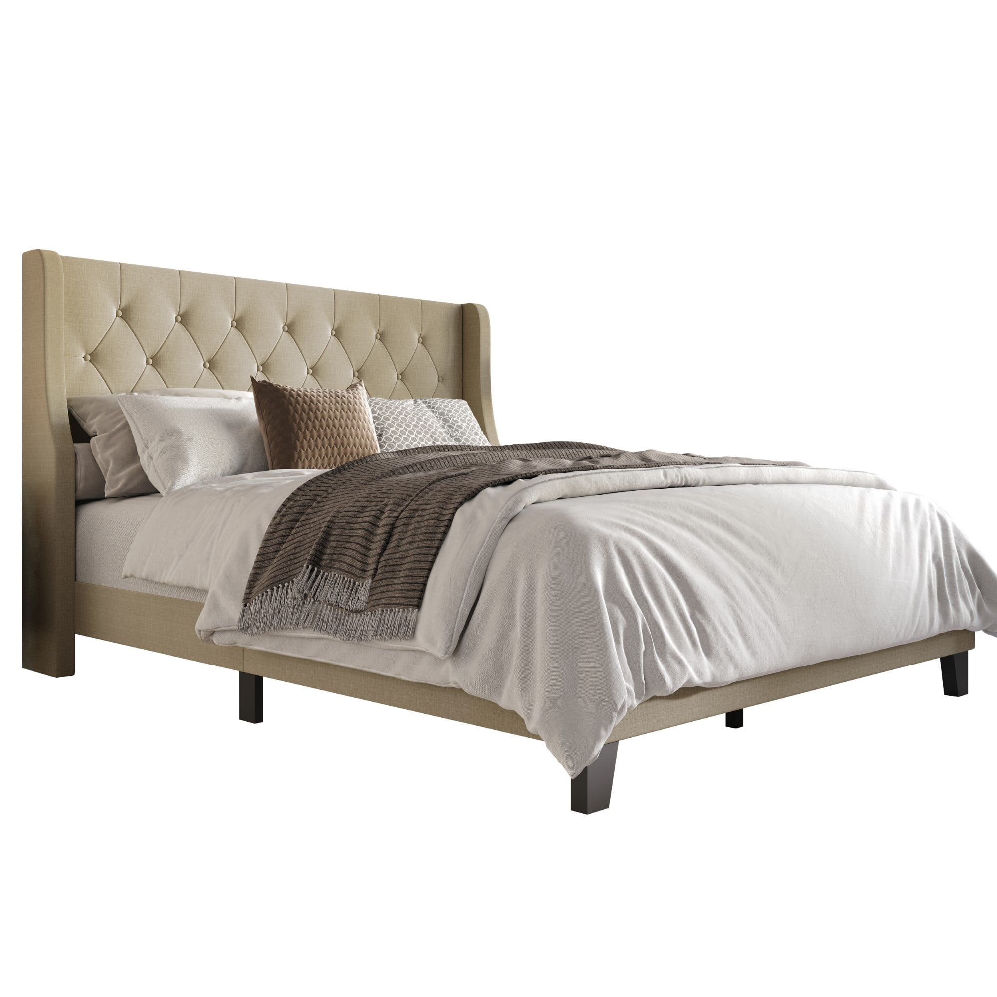 Home Design Medford Queen Tufted Upholstered Panel Bed with Wingback Headboard and Button Tufting, Dark Beige, Easy Assembly - Image 4