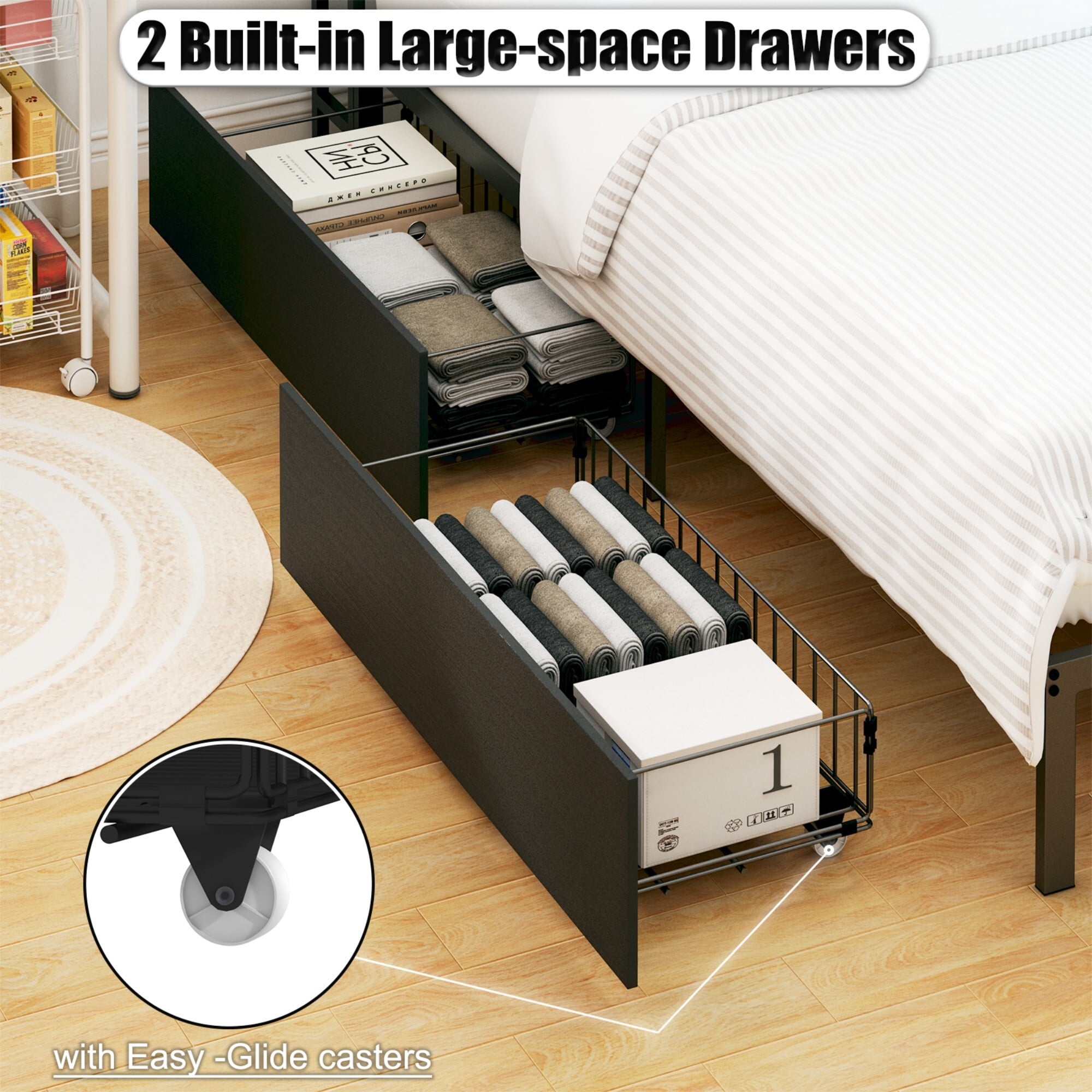 AENKYO Twin Size Corner Bed Frame with Charging Station, Smart LED Lights, Bookshelf Headboard & 2 Drawers, Black - Image 7