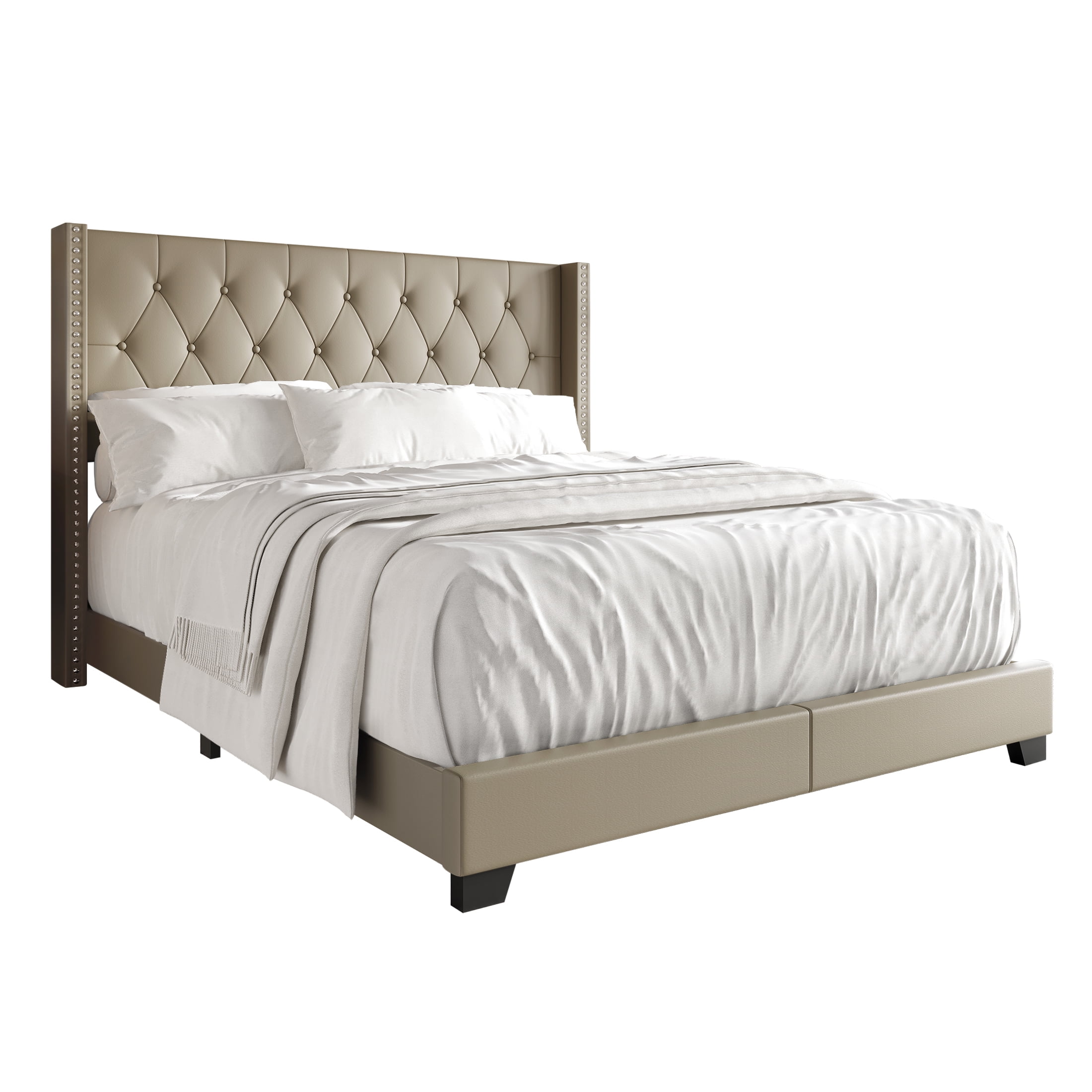 Castle Place Nailhead Trim Wingback Upholstered Bed, Gold Faux Leather, King - Image 5