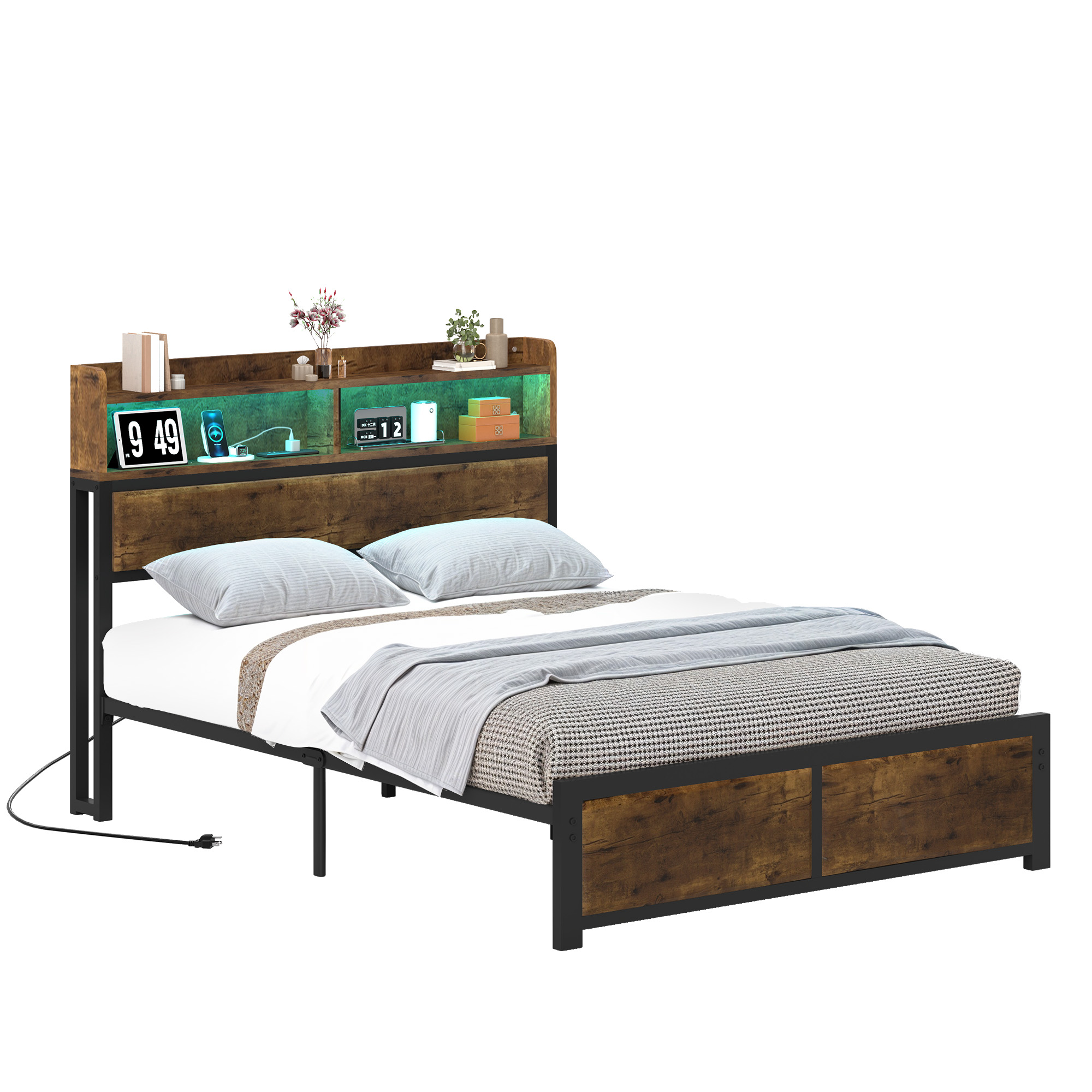 Uforic Full Size Bed Frame, LED Bed Frame with Storage Headboard, Platform Bed with Outlet & USB Ports, Easy Assembly, Rustic Brown - Image 7