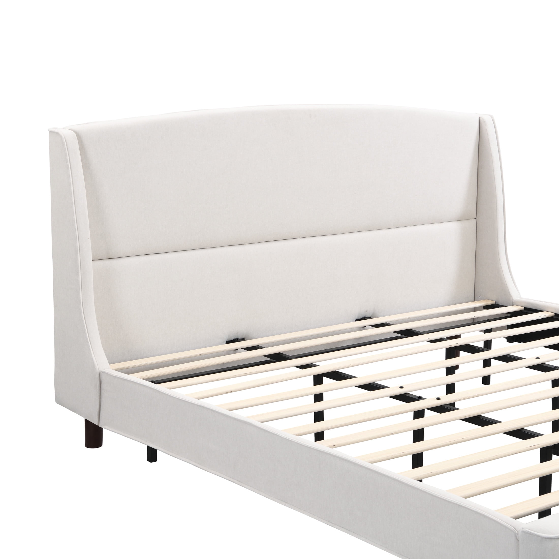 Kian Modern King Bed Frame, Upholstered Platform Bed with Wingback Headboard, Solid Wood Legs, Beige - Image 2