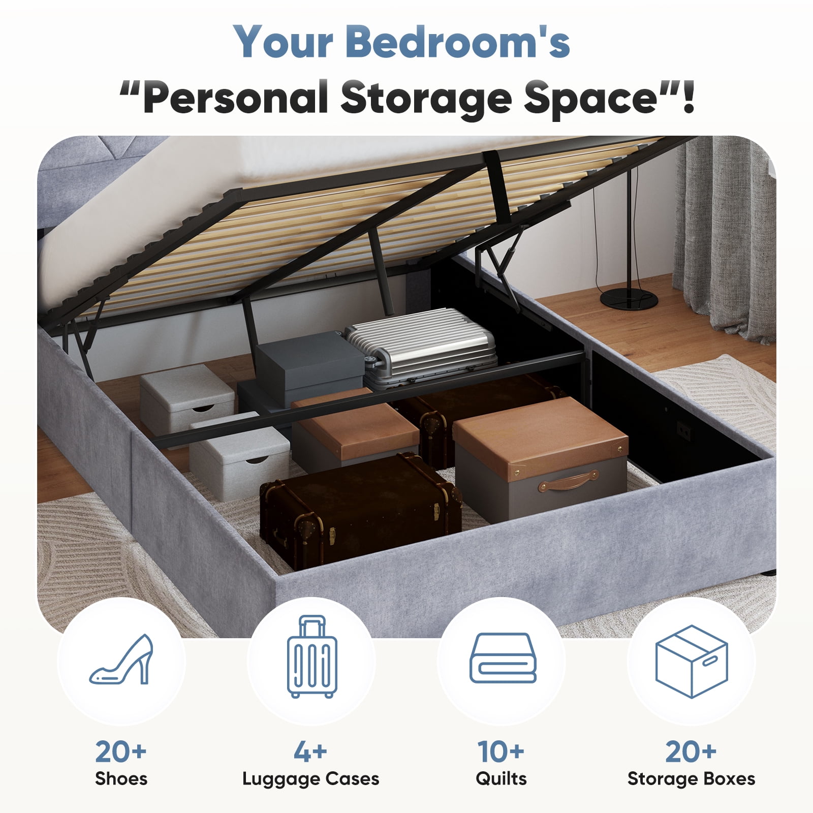 Gianna Queen Size Lift Up Storage Bed with Hydraulic Support, Wingback Velvet Upholstered Headboard, No Box Spring Needed, Grey - Image 5