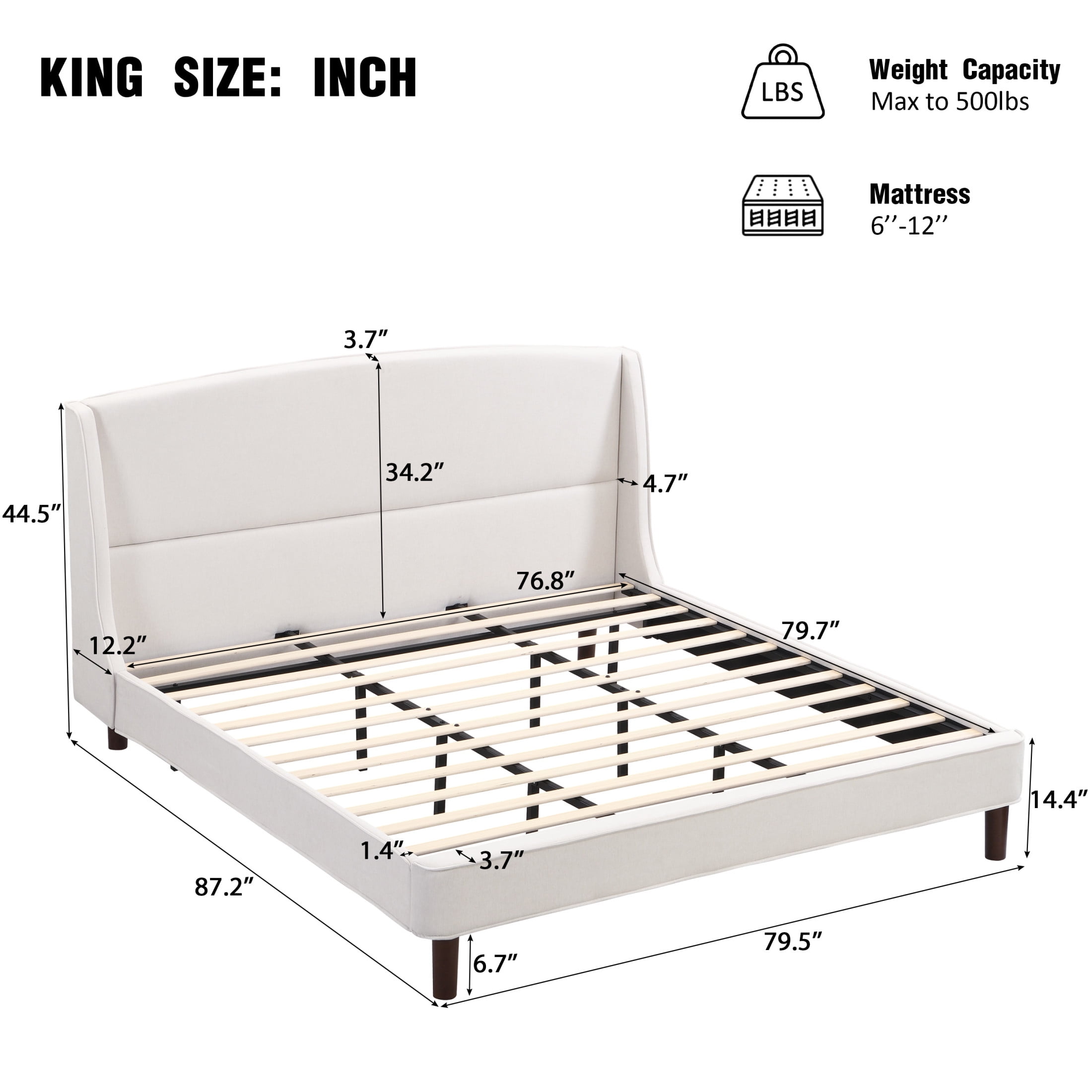 Kian Modern King Bed Frame, Upholstered Platform Bed with Wingback Headboard, Solid Wood Legs, Beige - Image 4