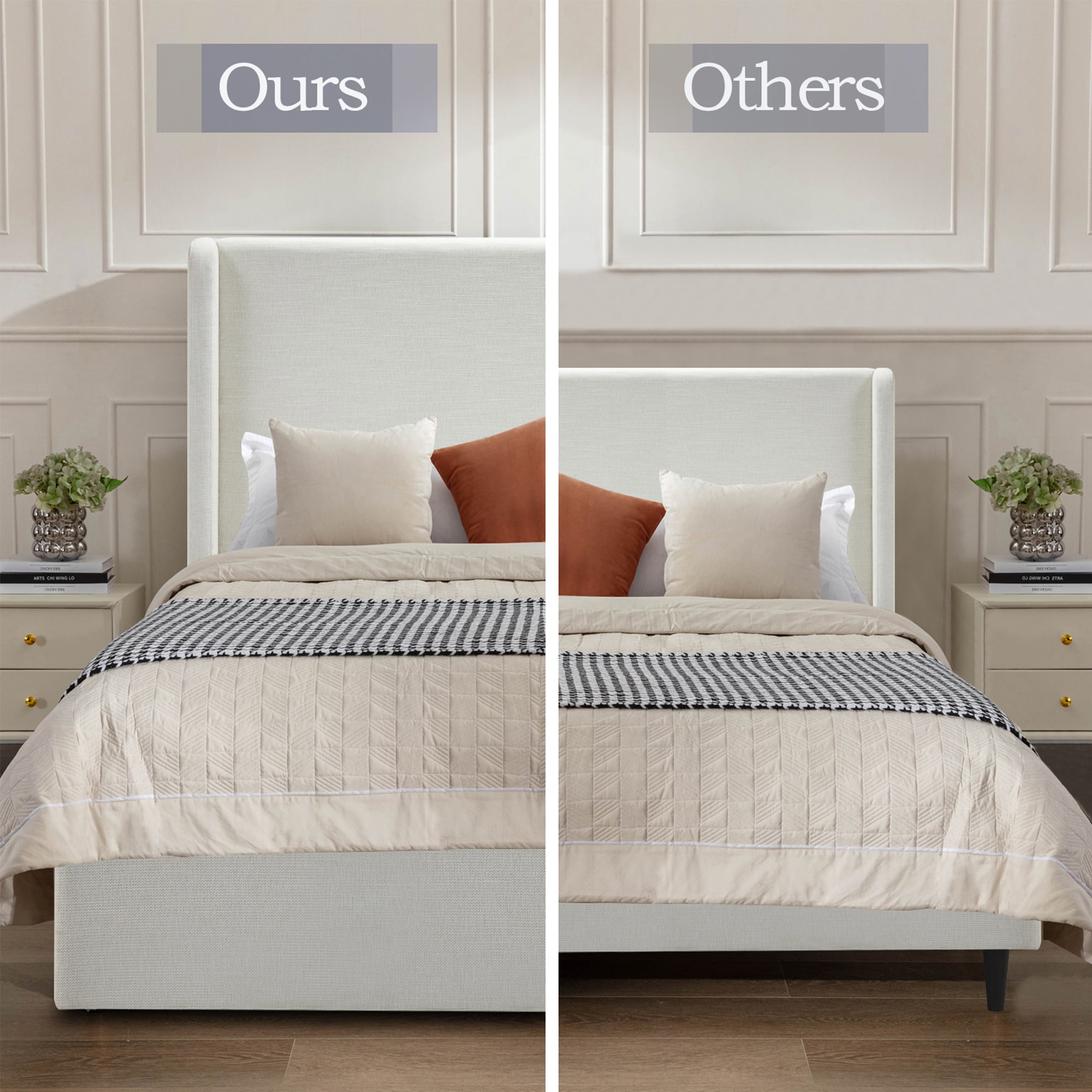 Miniyam King Size Wingback Bed with 54" High Upholstered Headboard for Adult, Ivory - Image 3