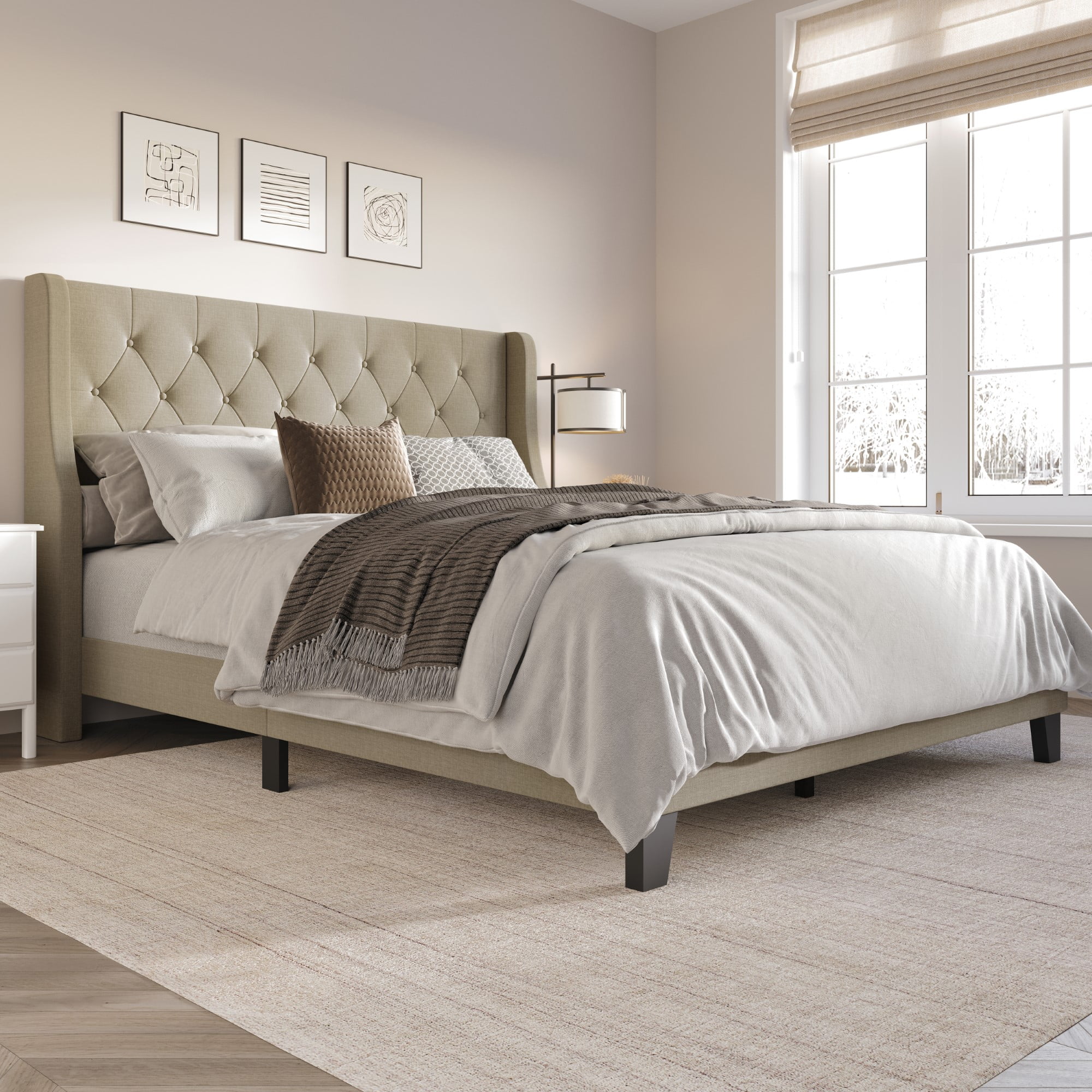 Home Design Medford Queen Tufted Upholstered Panel Bed with Wingback Headboard and Button Tufting, Dark Beige, Easy Assembly - Image 2