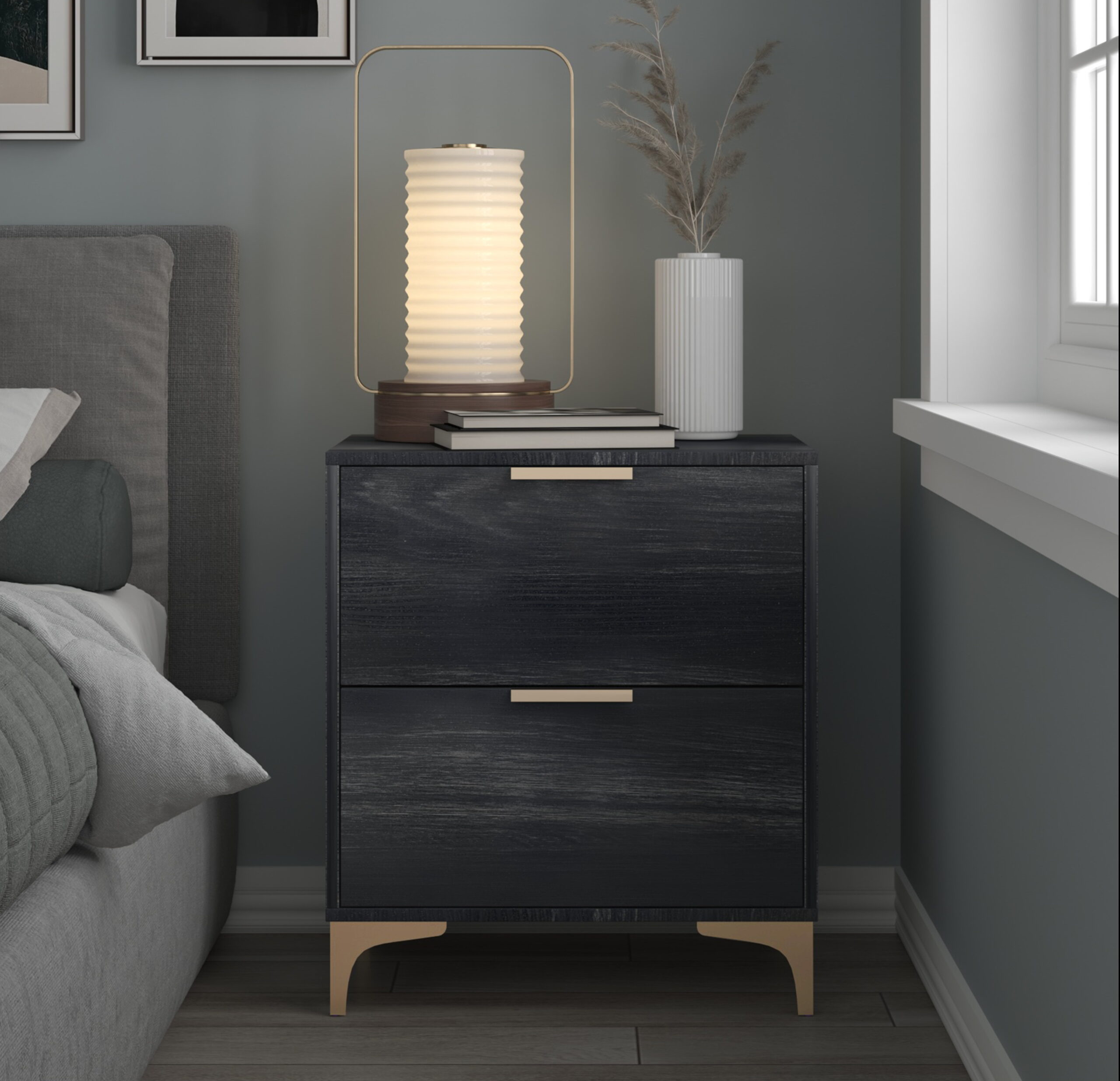 Castle Place Luxurious Crystal Velvet Upholstered Queen Bed With 2 Nightstands, Black - Image 4