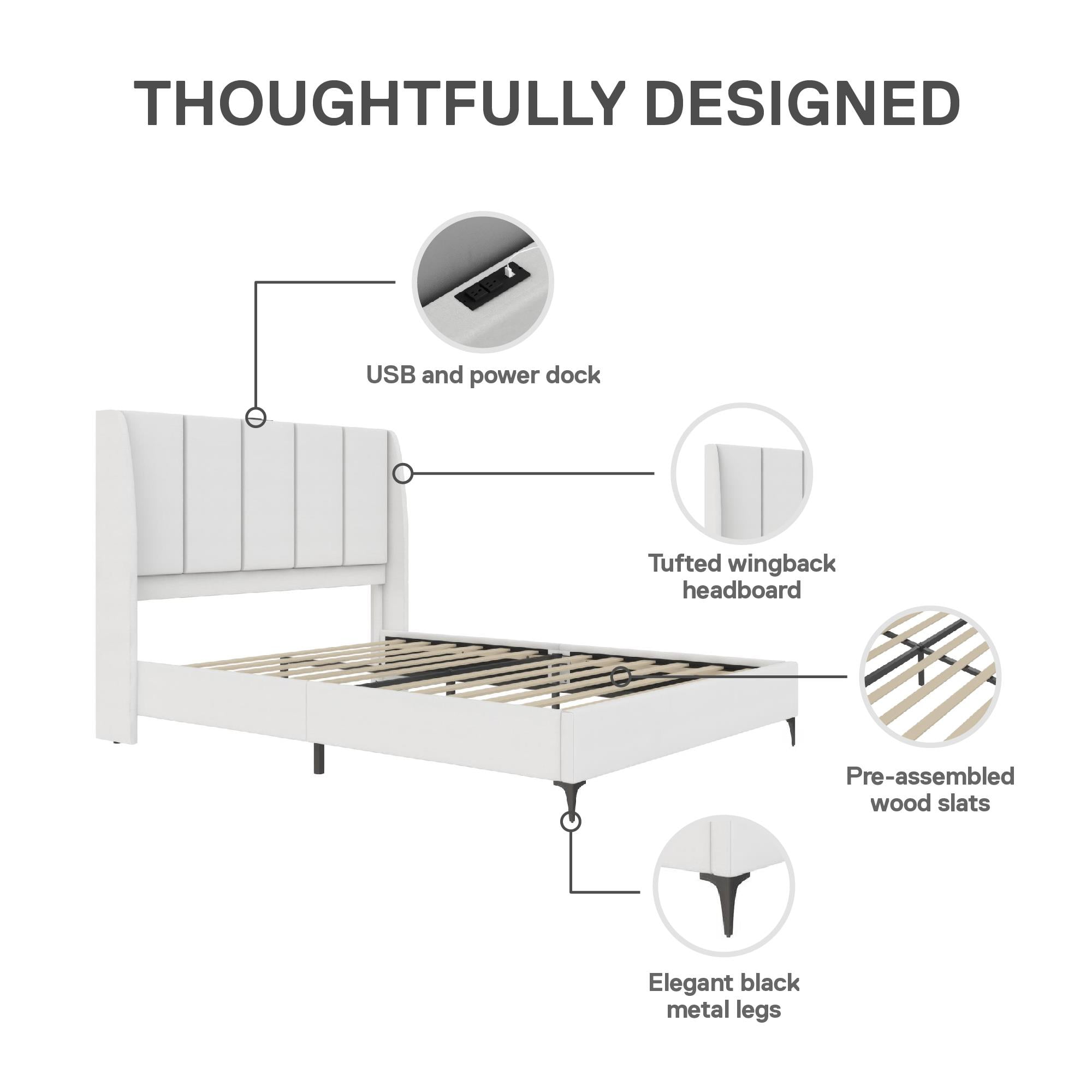 DHP Lamora Upholstered Wingback Bed Frame with USB, Queen, Light Gray Linen - Image 5