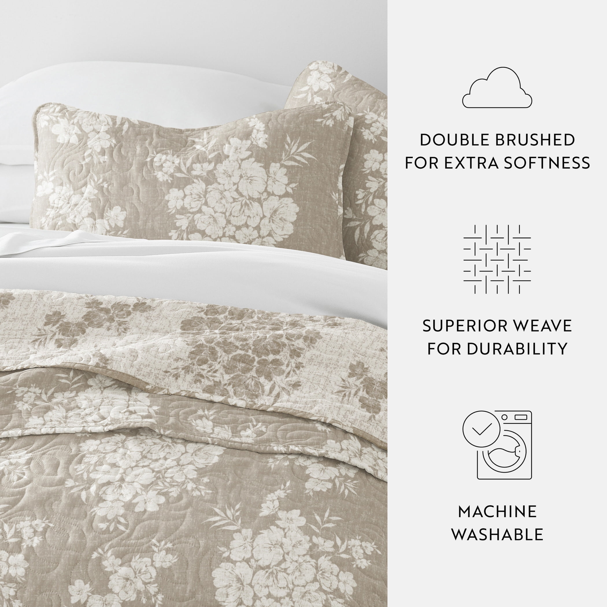 Noble Linens 3-Piece Taupe Distressed Bouquet Reversible Quilt Set, King - Image 5