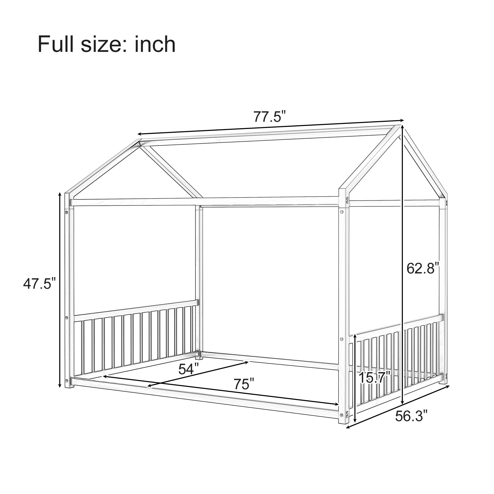 Euroco Metal Full Size Canopy Bed, Low Profile House Bed with Guardrails, White - Image 7
