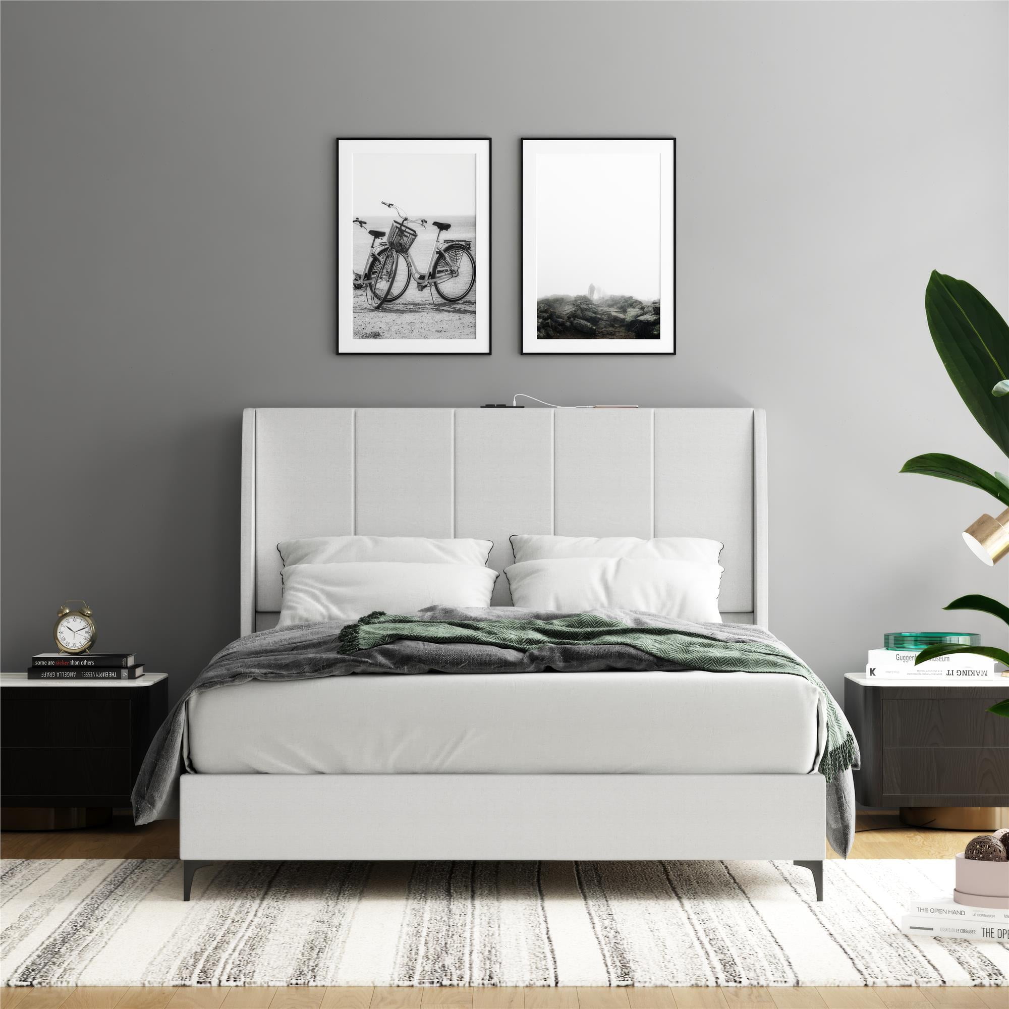 DHP Lamora Upholstered Wingback Bed Frame with USB, Queen, Light Gray Linen - Image 2