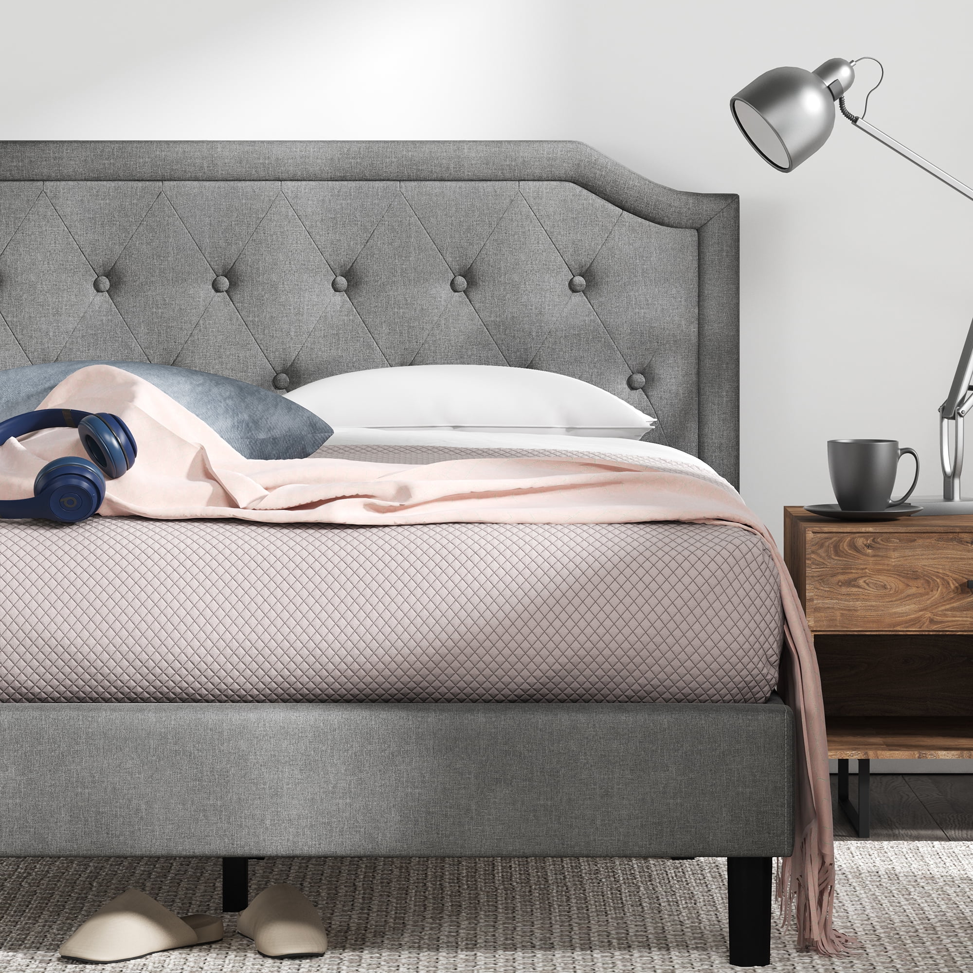 Zinus Kellen 42" Upholstered Scalloped Platform Bed Frame, King, Gray - Image 2