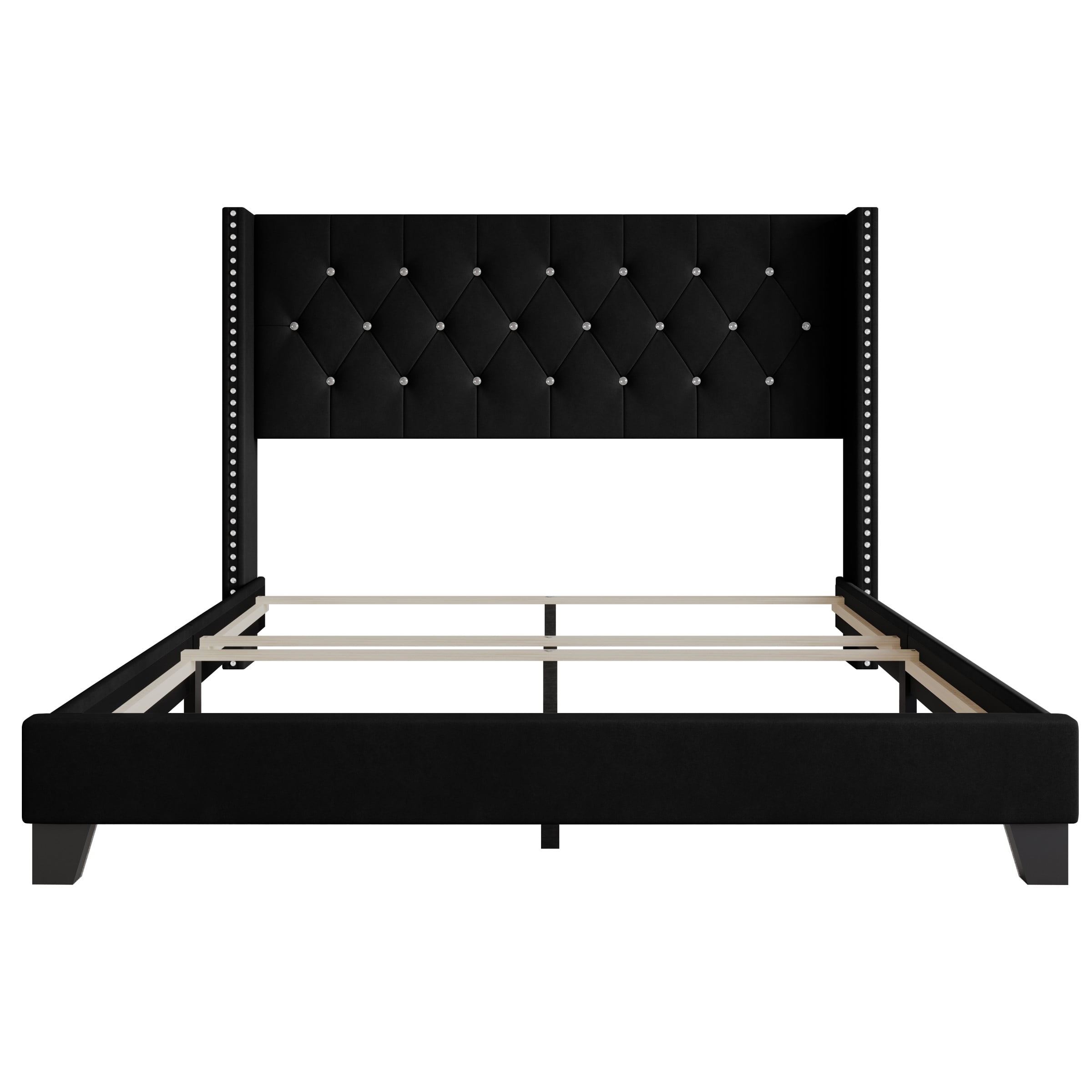 Home Design Monroe Queen Tufted Upholstered Wingback Panel Bed Frame with Diamond Tufting and Nailhead Trim for Adult Bedroom, Black - Image 6