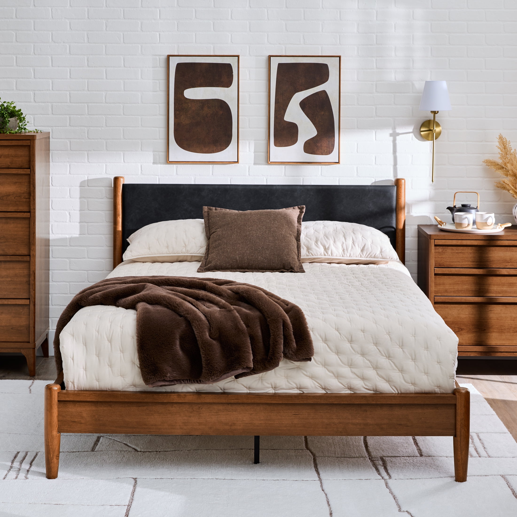 Better Homes & Gardens Greyson Queen Platform Bed, Black Faux Leather and Acorn Finish - Image 6