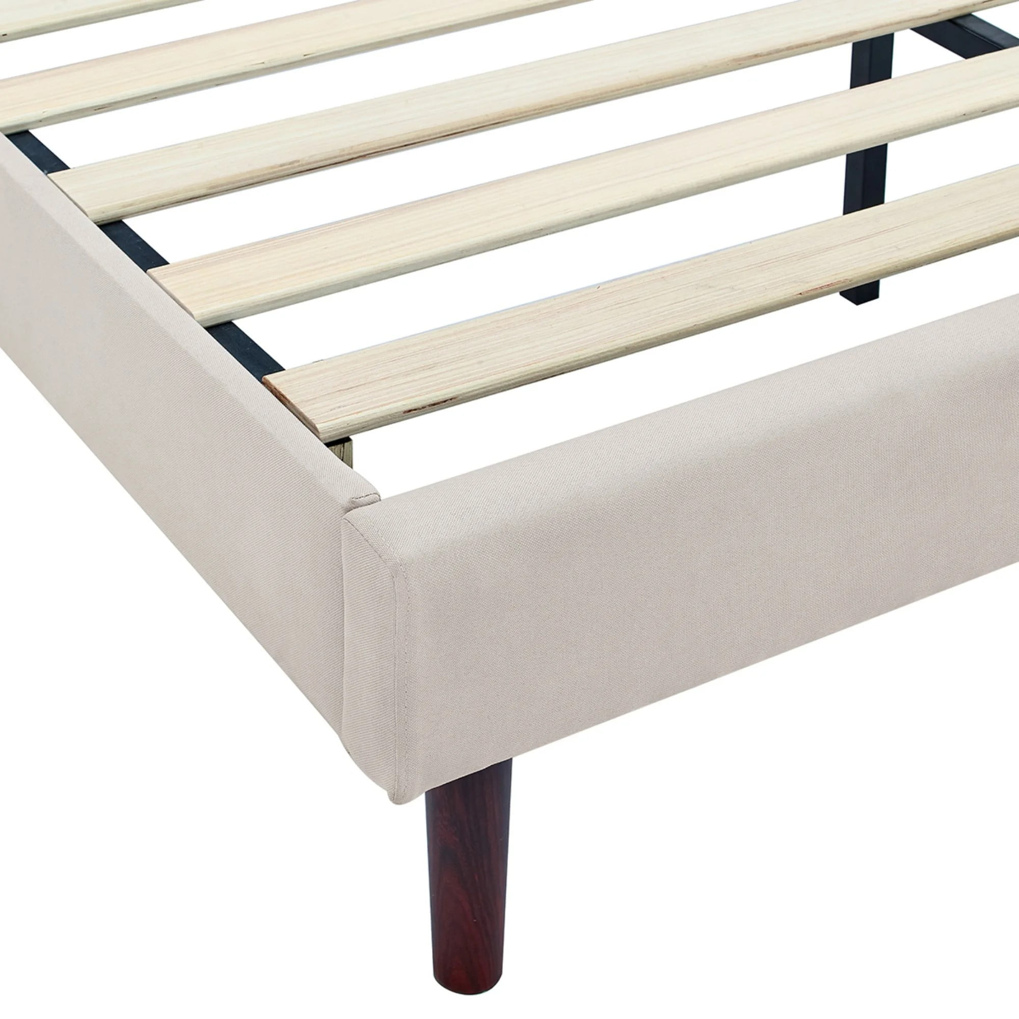 AENKYO Queen Upholstered Platform Bed Frame, Button Tufted Faux Linen Headboard, Wood Slat Support, Beige - Image 4