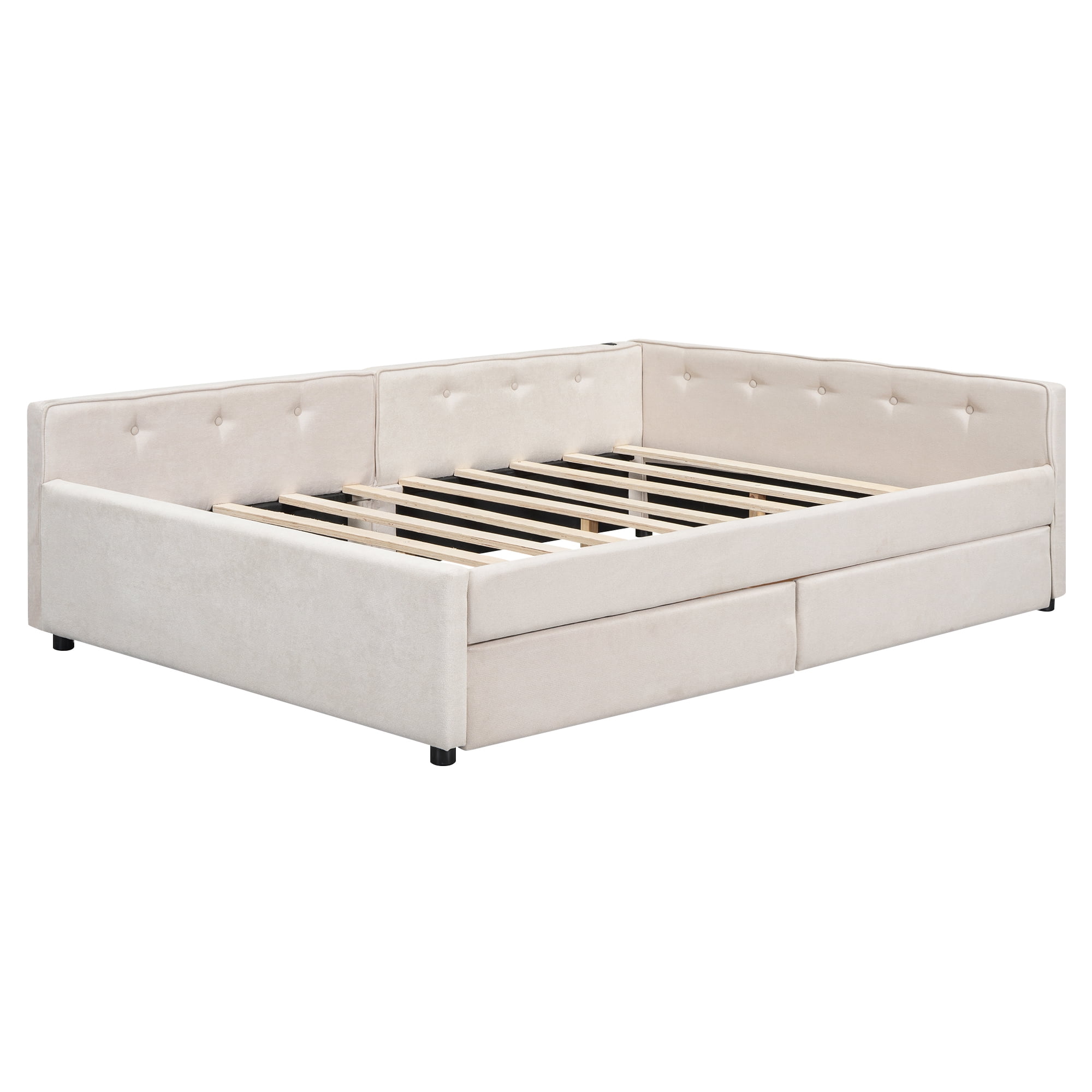 Euroco Upholstered Full Size Platform Bed with 2 Storage Drawers for Kids Teens, Beige - Image 6