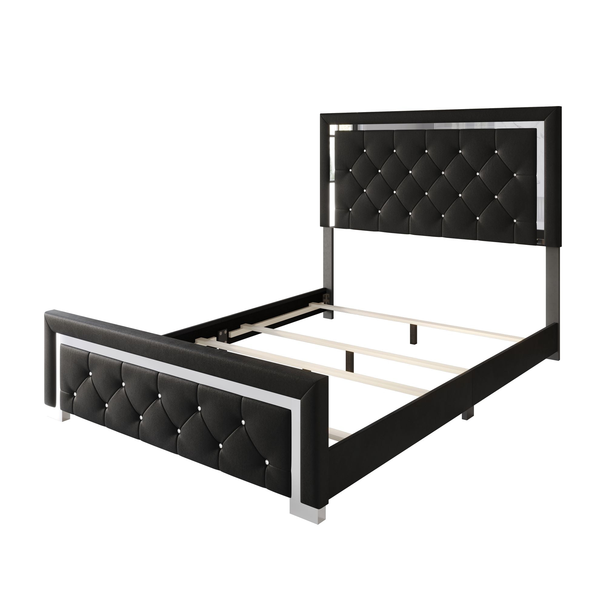 Home Design Toccoa Queen Upholstered Panel Bed Frame with Diamond Button-Tufted Headboard and Silver Metal Accents, Black, Easy Assembly - Image 6
