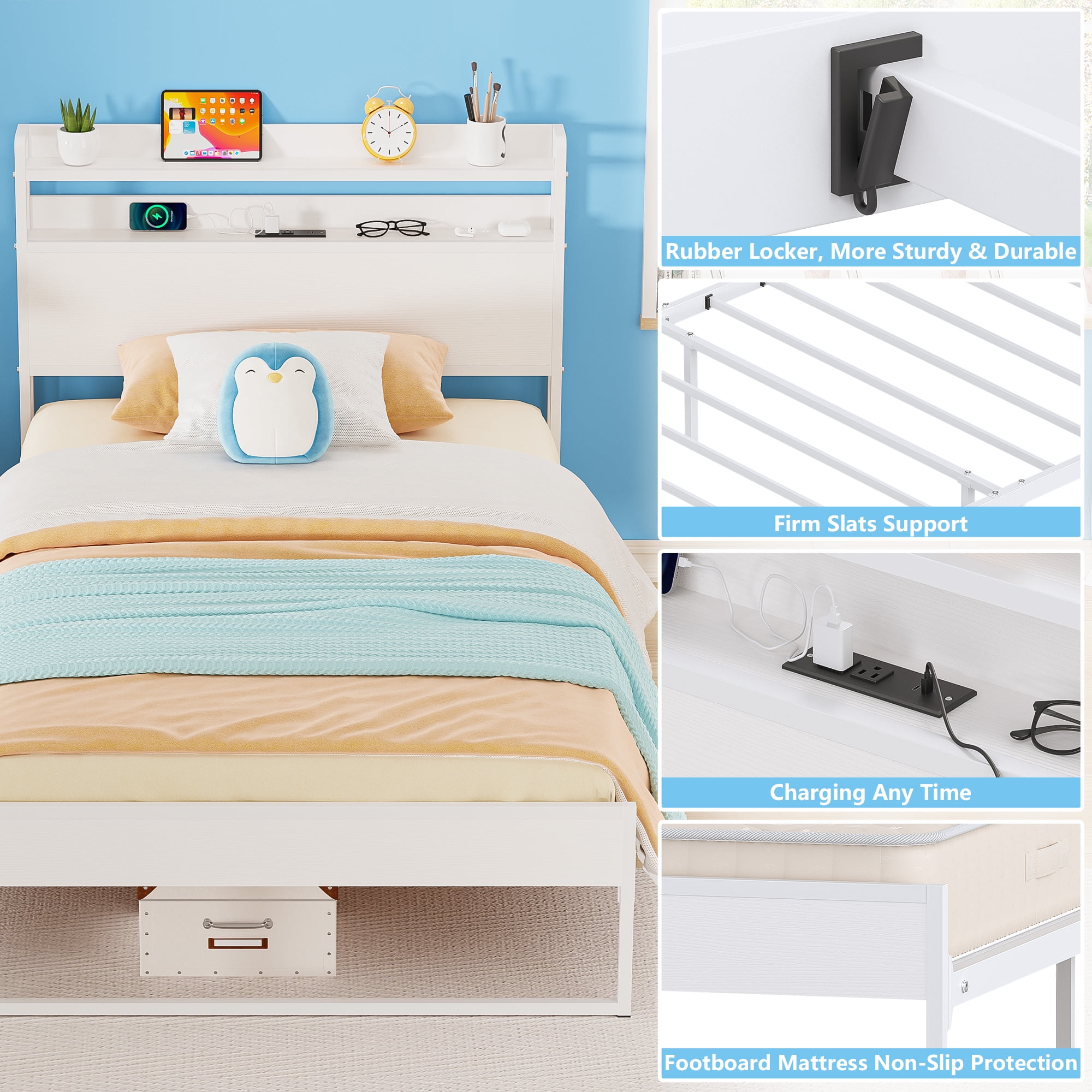 Yoneston Power Outlet Twin Metal Platform Bed Frame with 2-Tier Storage Charging Station Headboard for Kids Bedroom Furniture, White - Image 7