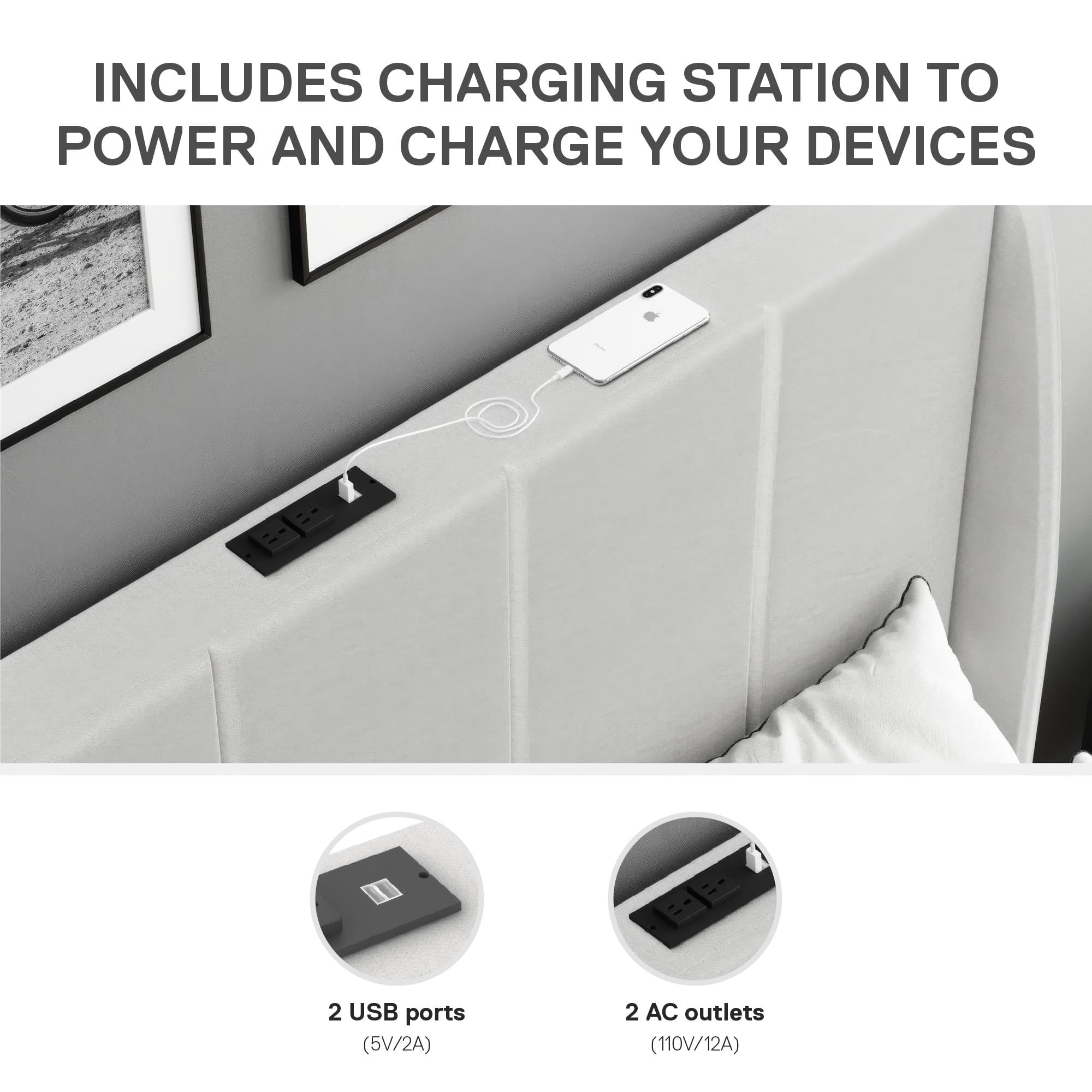 DHP Lamora Upholstered Wingback Bed Frame with USB, Queen, Light Gray Linen - Image 6