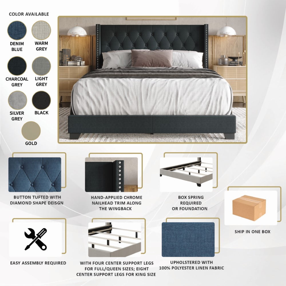 Castle Place Nailhead Trim Wingback Upholstered Bed, Gold Faux Leather, King - Image 7