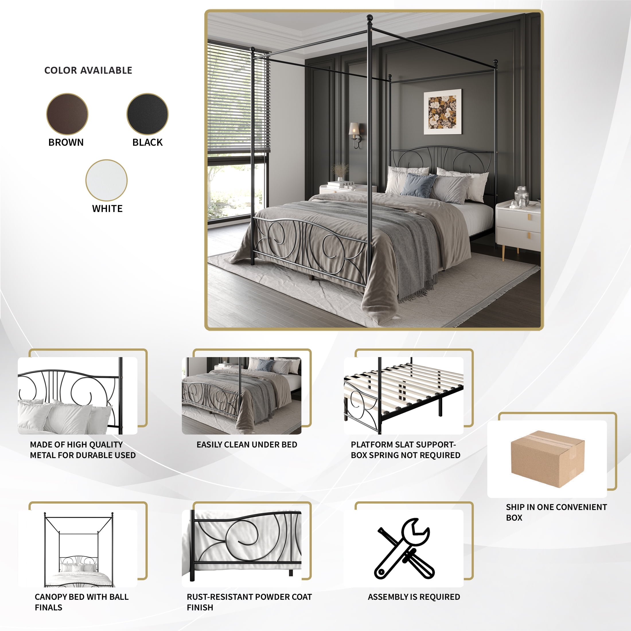 Castle Place Ornate Ironwork Full Metal Platform Canopy Bed, Black - Image 3