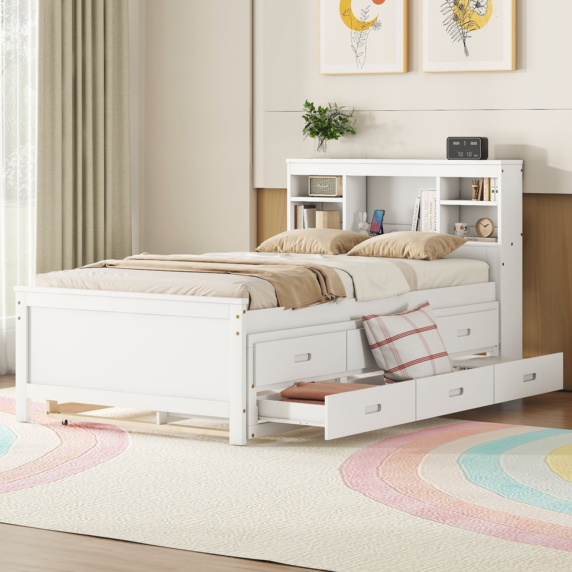 Euroco Wood Twin Size Platform Bed with Storage Headboard, Trundle Bed and 3 Drawers, USB Charging and Shleves for Kids Teens, White - Image 3