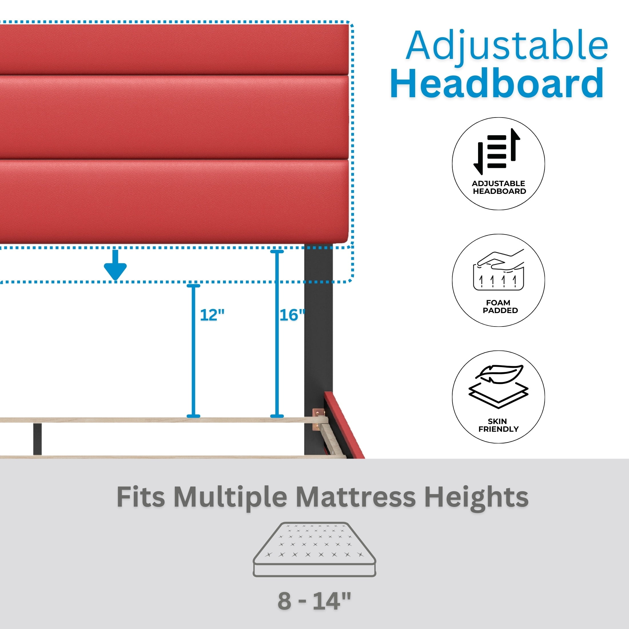 Boyd Sleep Napoli Red Faux Leather Full Size Fully Upholstered Platform Bed Frame with Adjustable Headboard, Qualified Box Spring or Foundation Required for Use - Image 3