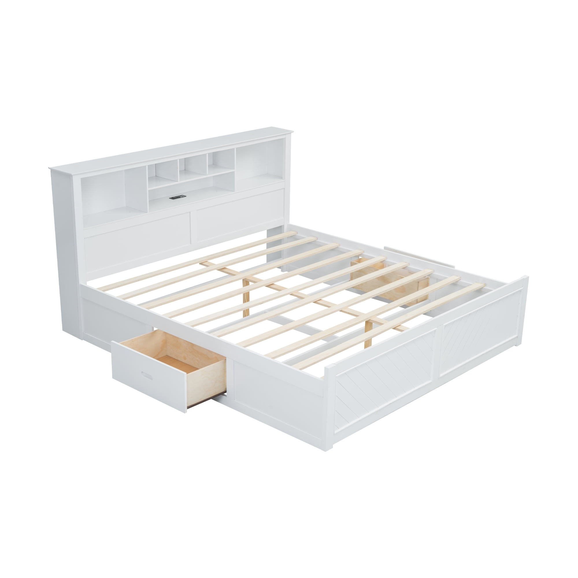 Euroco Wood King Size Platform Bed with Storage Headboard, Drawers and USB Charging Station, White - Image 3