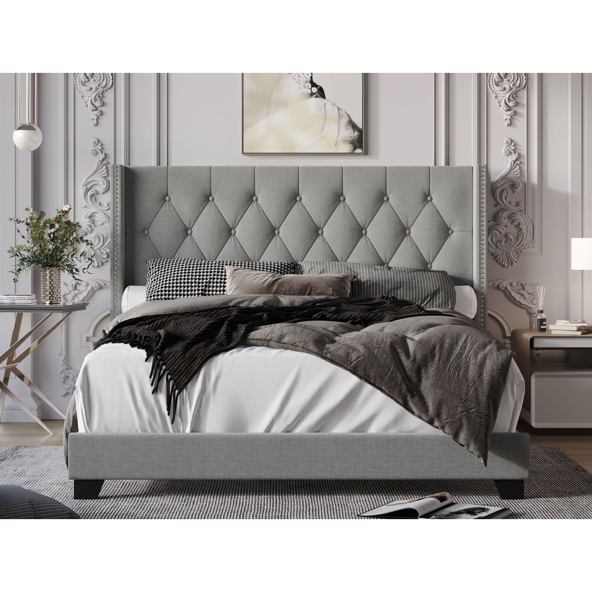 Home Design Brady Queen Tufted Wingback Upholstered Panel Bed Frame, Silver Gray-Velvet (Diamond) - Image 2