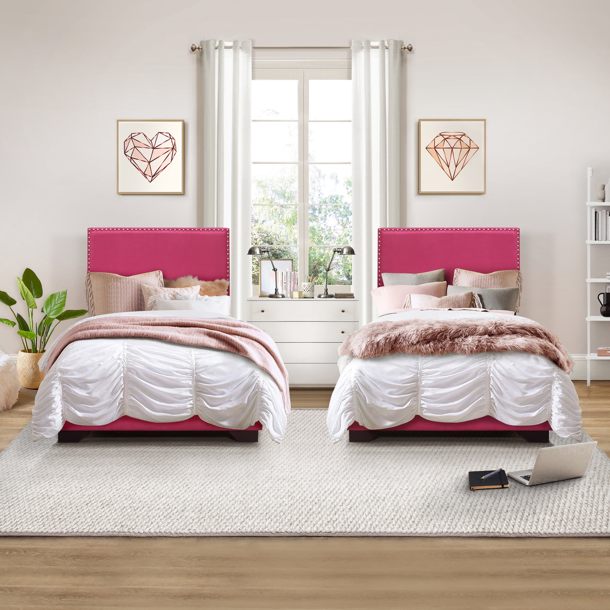 Skylar Nailhead Trim Upholstered Twin Platform Bed, Pink - Image 7