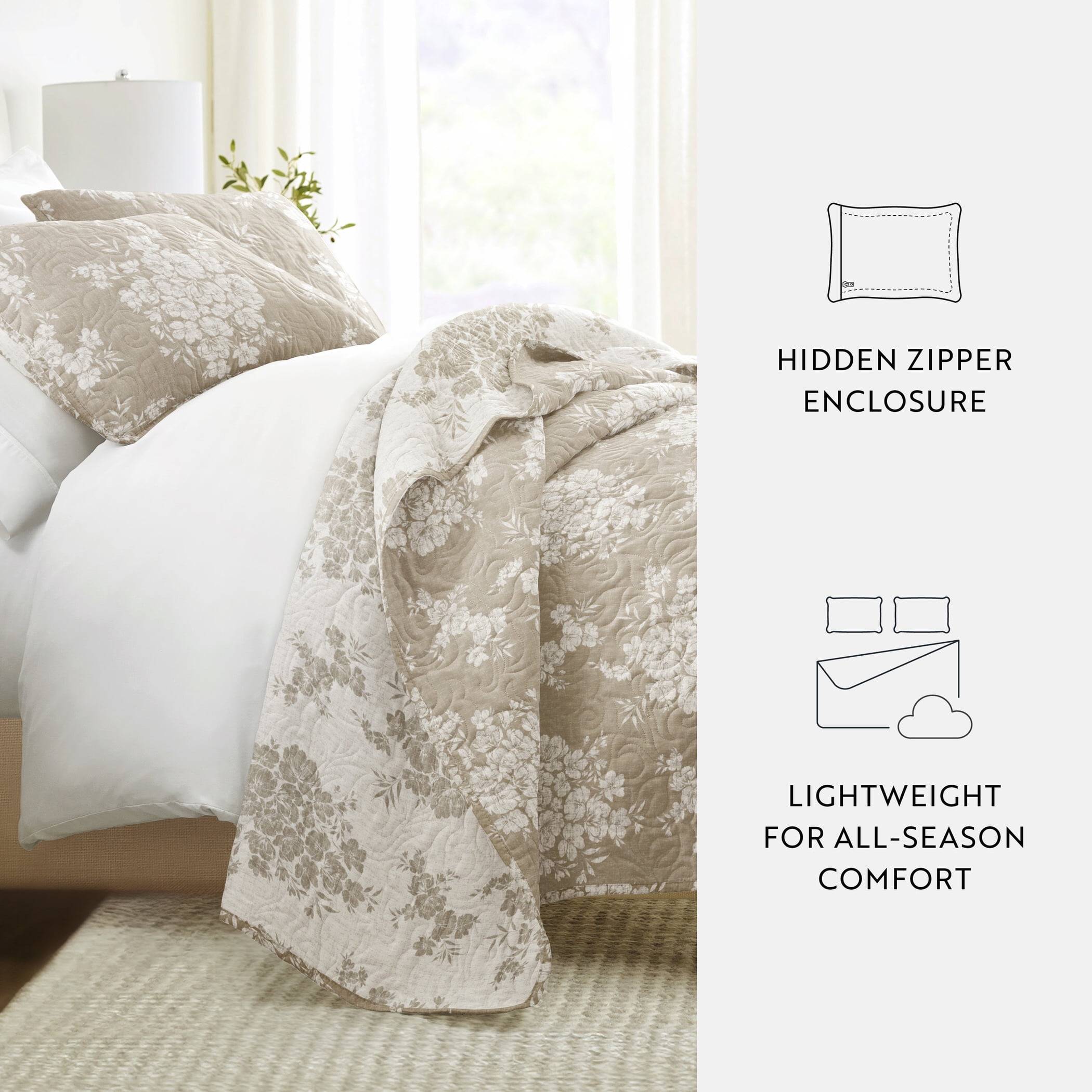 Noble Linens 3-Piece Taupe Distressed Bouquet Reversible Quilt Set, King - Image 6