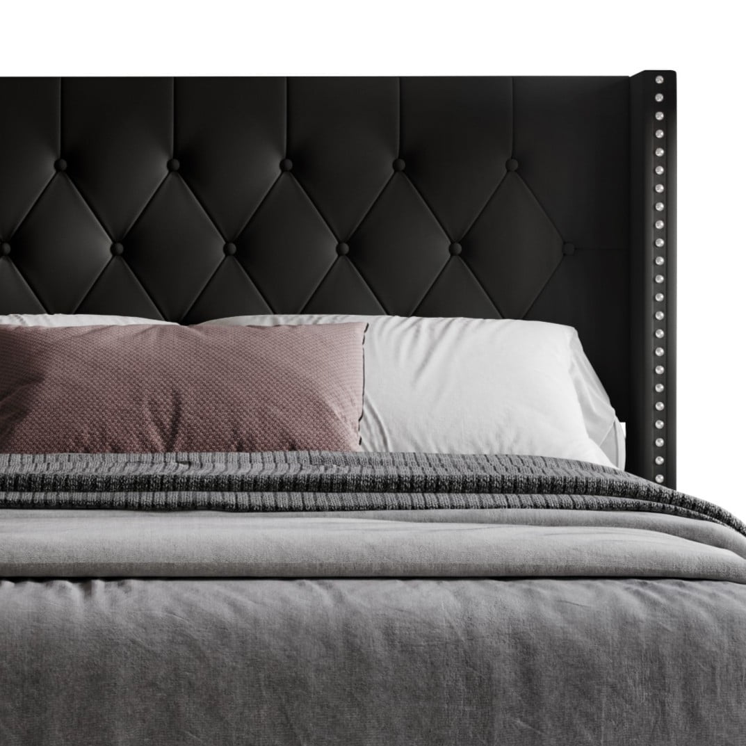 Home Design Homer Queen Button-Tufted Wingback Upholstered Panel Bed Frame with Nailhead Trim design for Adult, Black, Easy Assembly - Image 5