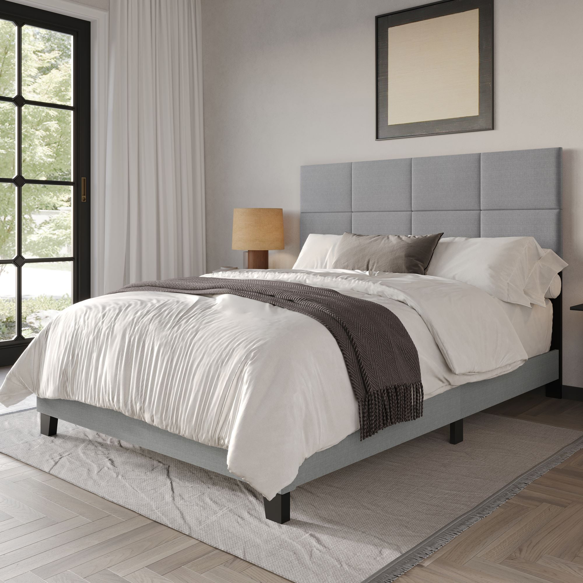 Home Design Lufkin Twin Upholstered Panel Bed Frame with Checkered Tufted Headboard & Foam-Filled Comfort, Gray, Easy Assembly - Image 2